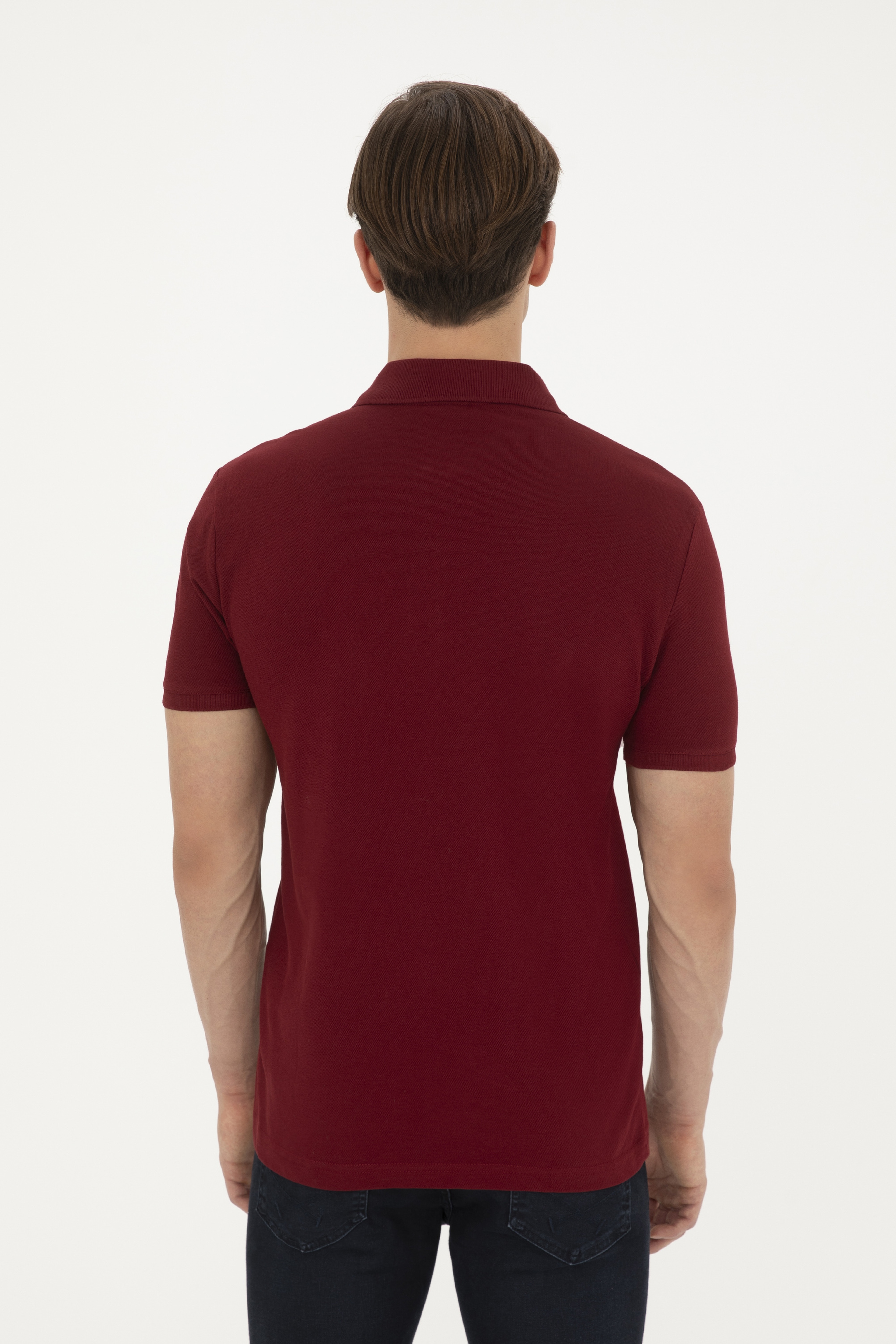 Erkek Slim Fit Polo Yaka Bordo Basic Tişört - Image 5