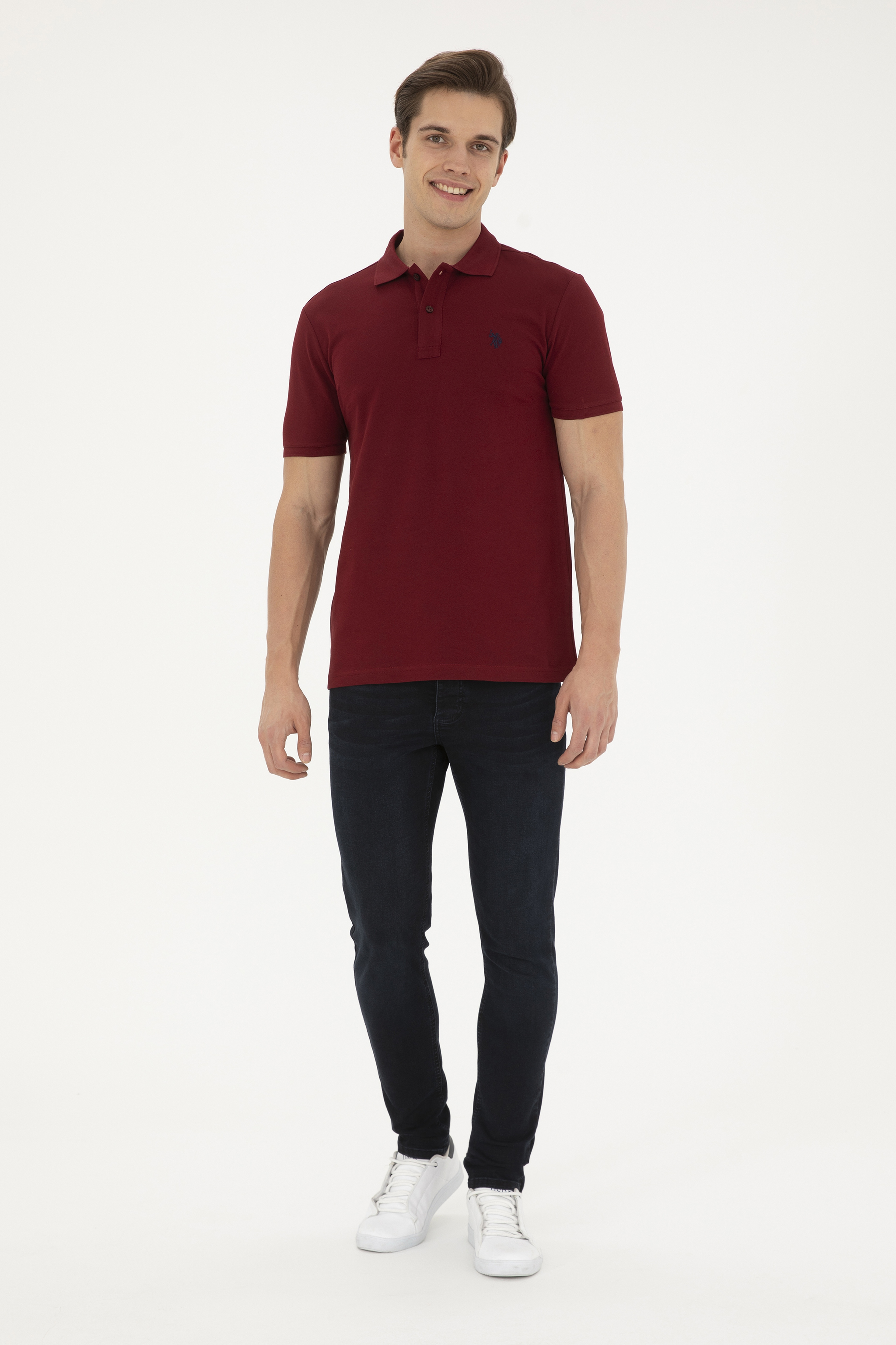 Erkek Slim Fit Polo Yaka Bordo Basic Tişört - Image 4