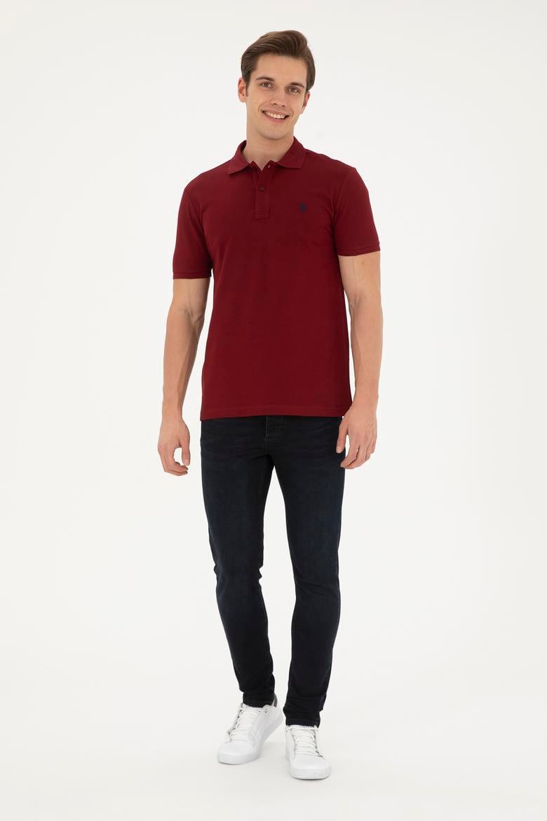 Erkek Slim Fit Polo Yaka Bordo Basic Tişört - 50279573314