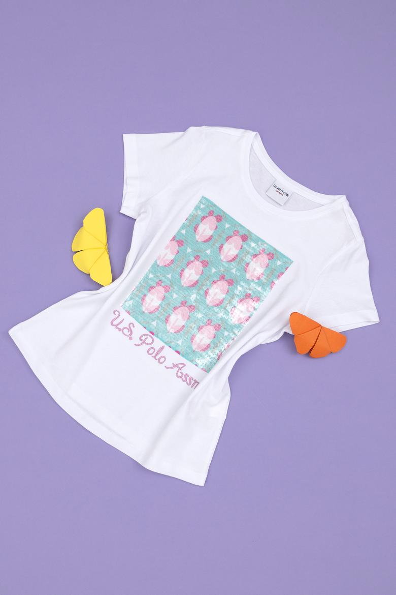 Kız Çocuk Beyaz Bisiklet Yaka Tişört