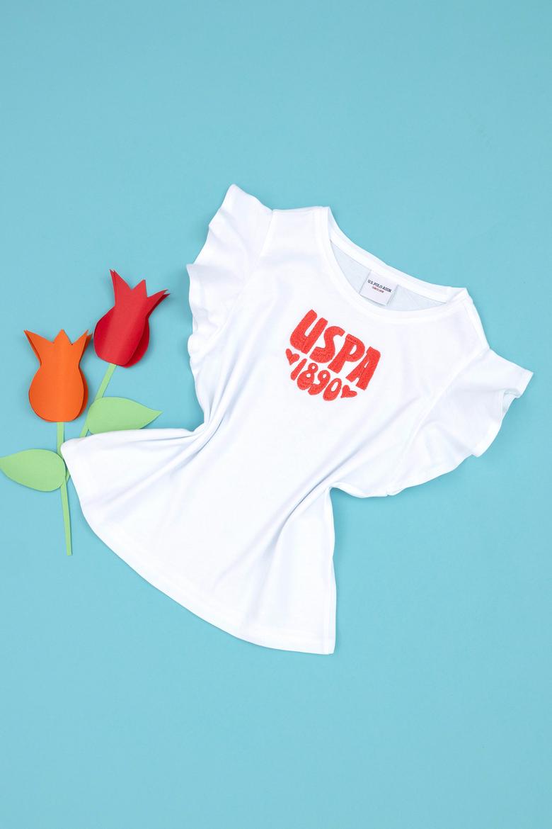 Kız Çocuk Beyaz Bisiklet Yaka Tişört - 50288438001