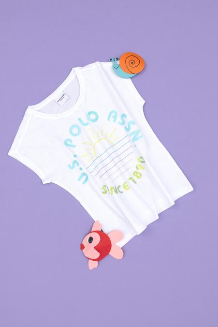 Kız Çocuk Beyaz Bisiklet Yaka Tişört