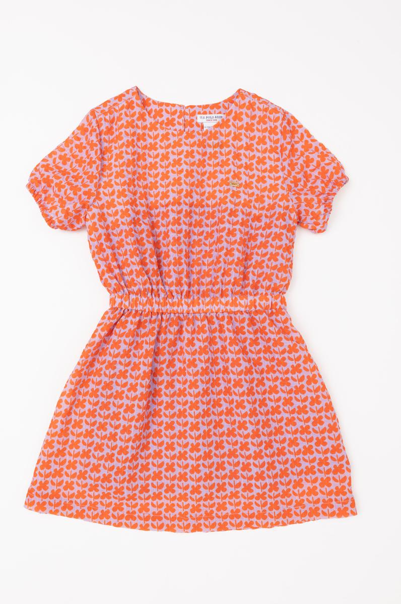 Kız Çocuk Nar Çiçeği Kısa Kollu Dokuma Elbise