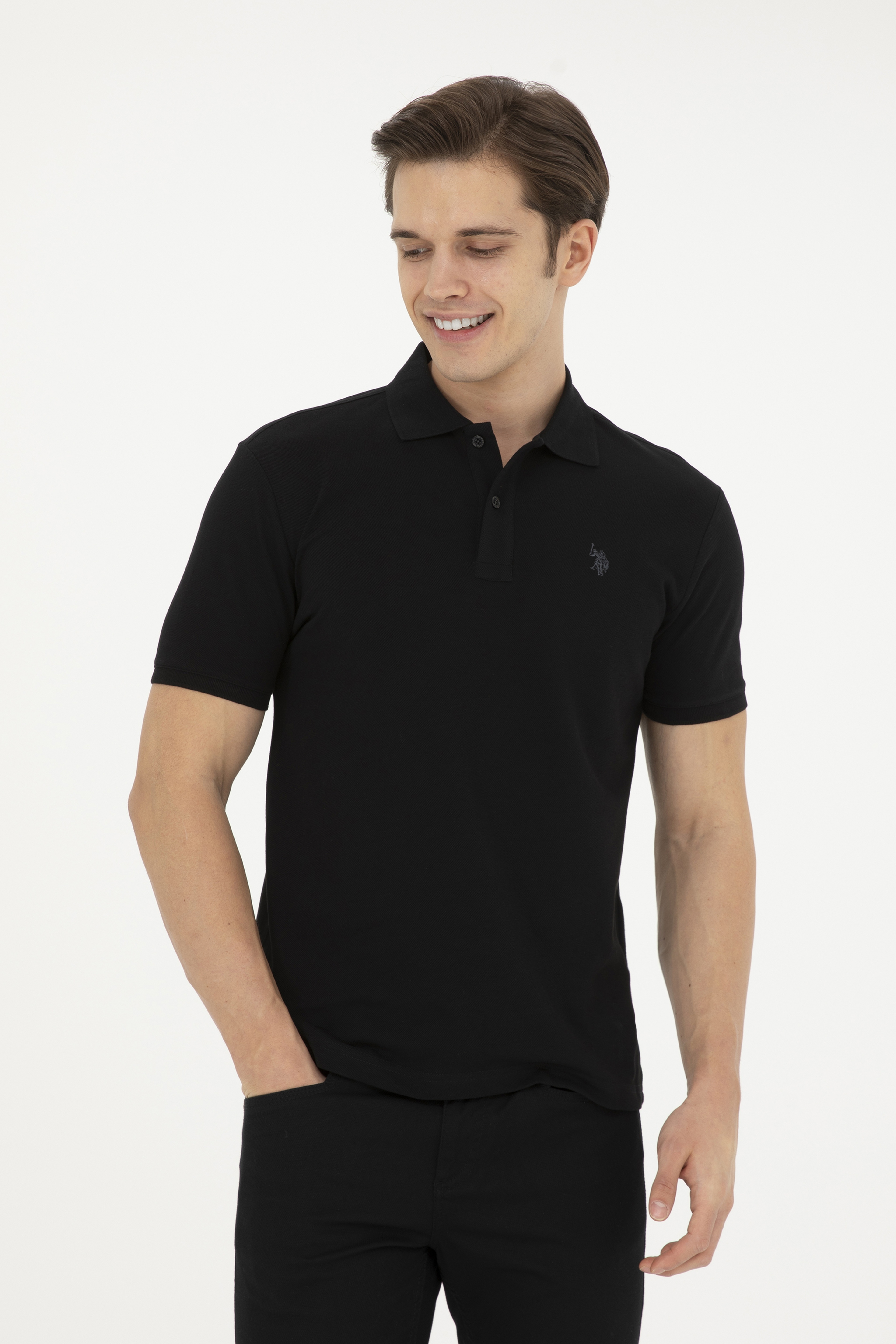Erkek Slim Fit Polo Yaka Siyah Basic Tişört - Image 3