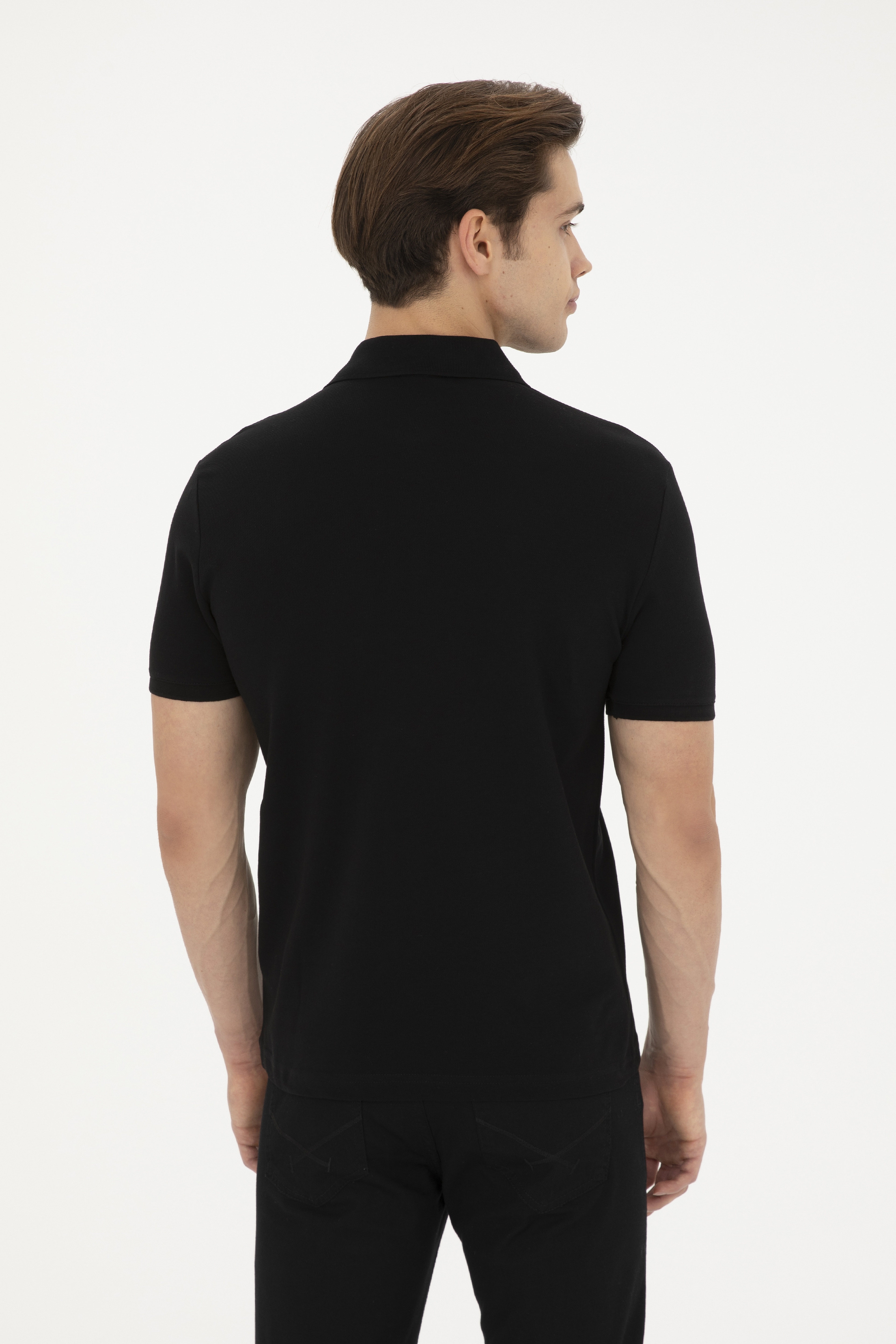 Erkek Slim Fit Polo Yaka Siyah Basic Tişört - Image 5