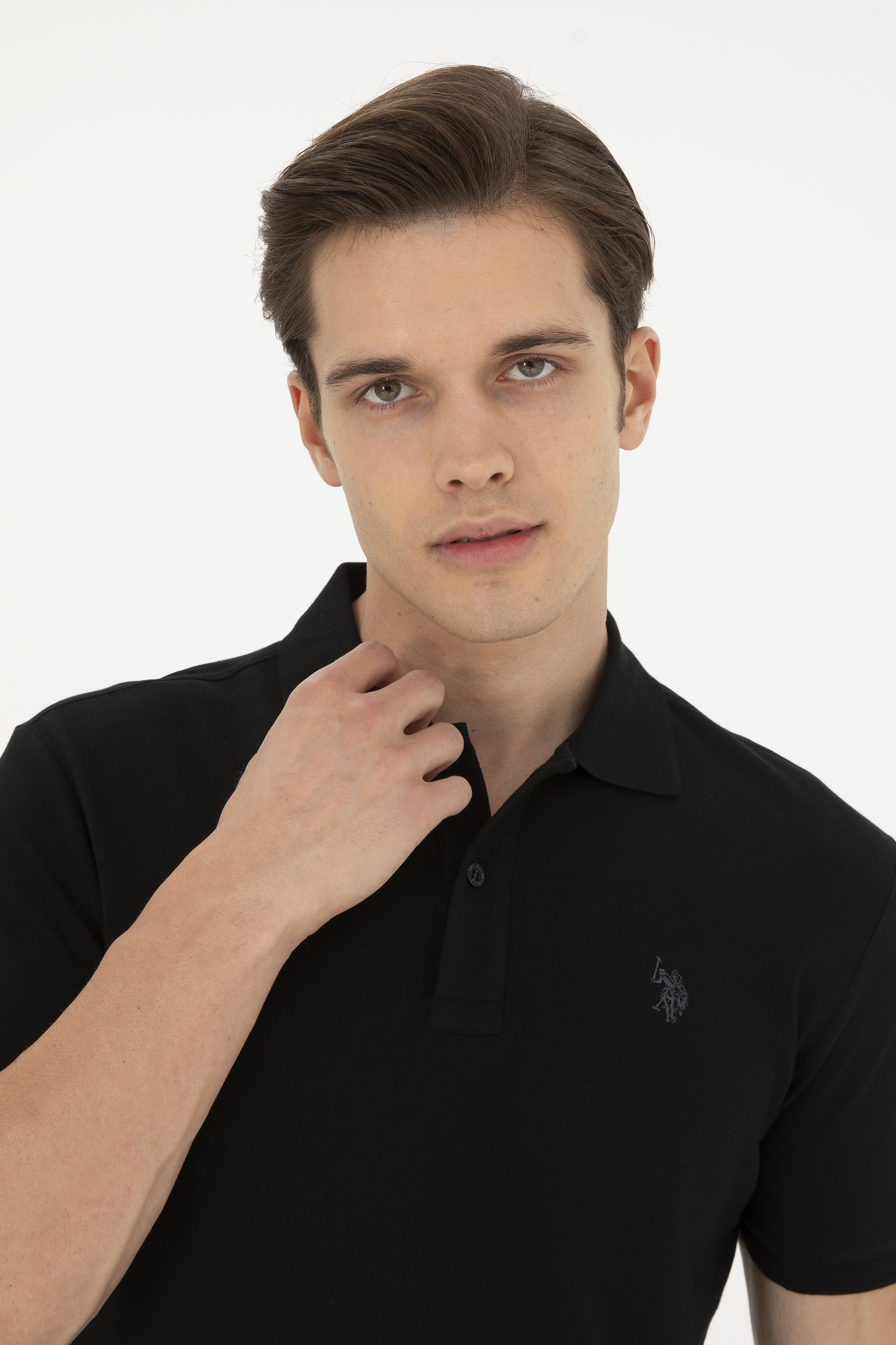 Erkek Slim Fit Polo Yaka Siyah Basic Tişört - Image 2
