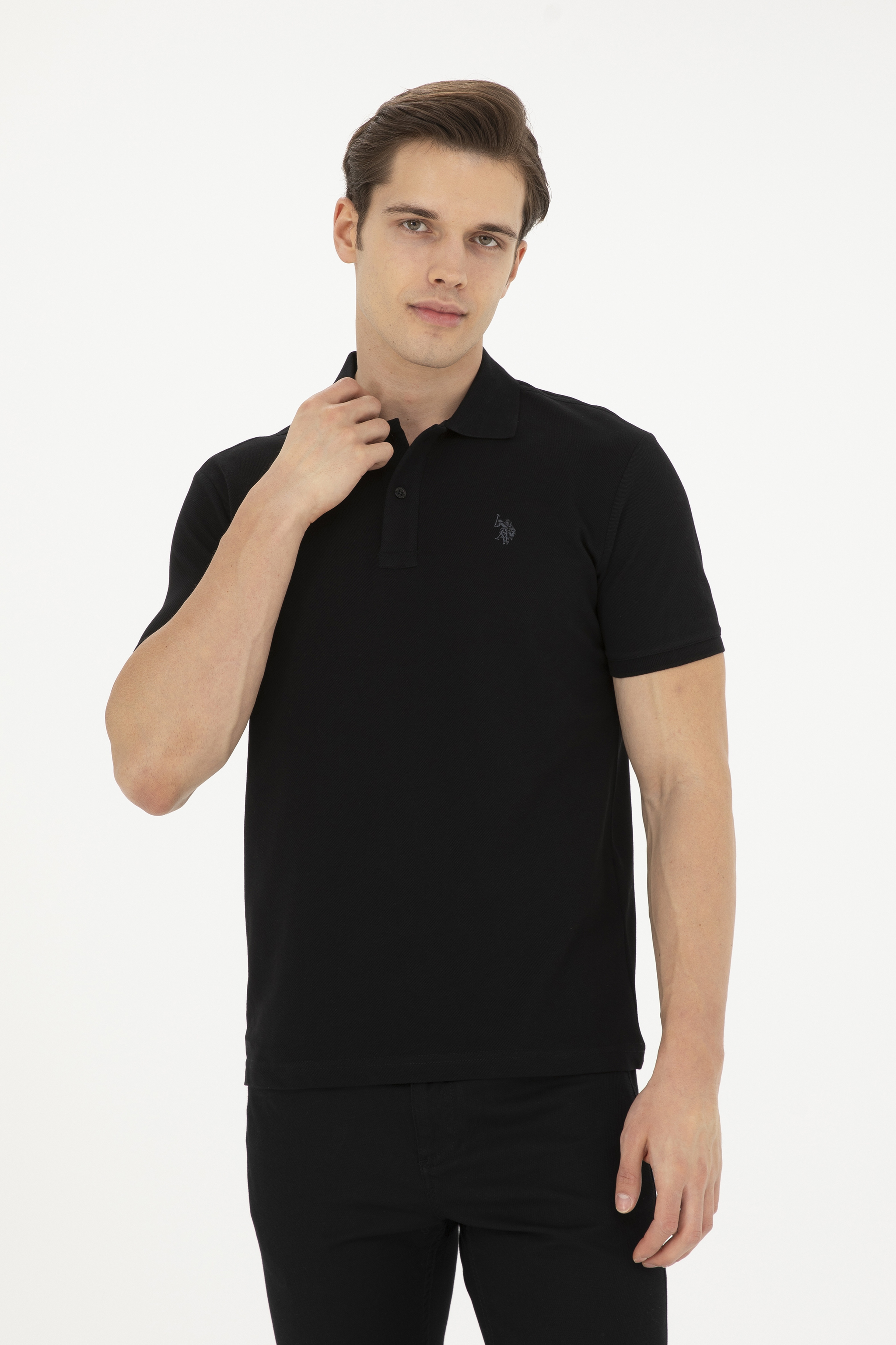 Erkek Slim Fit Polo Yaka Siyah Basic Tişört - Image 1