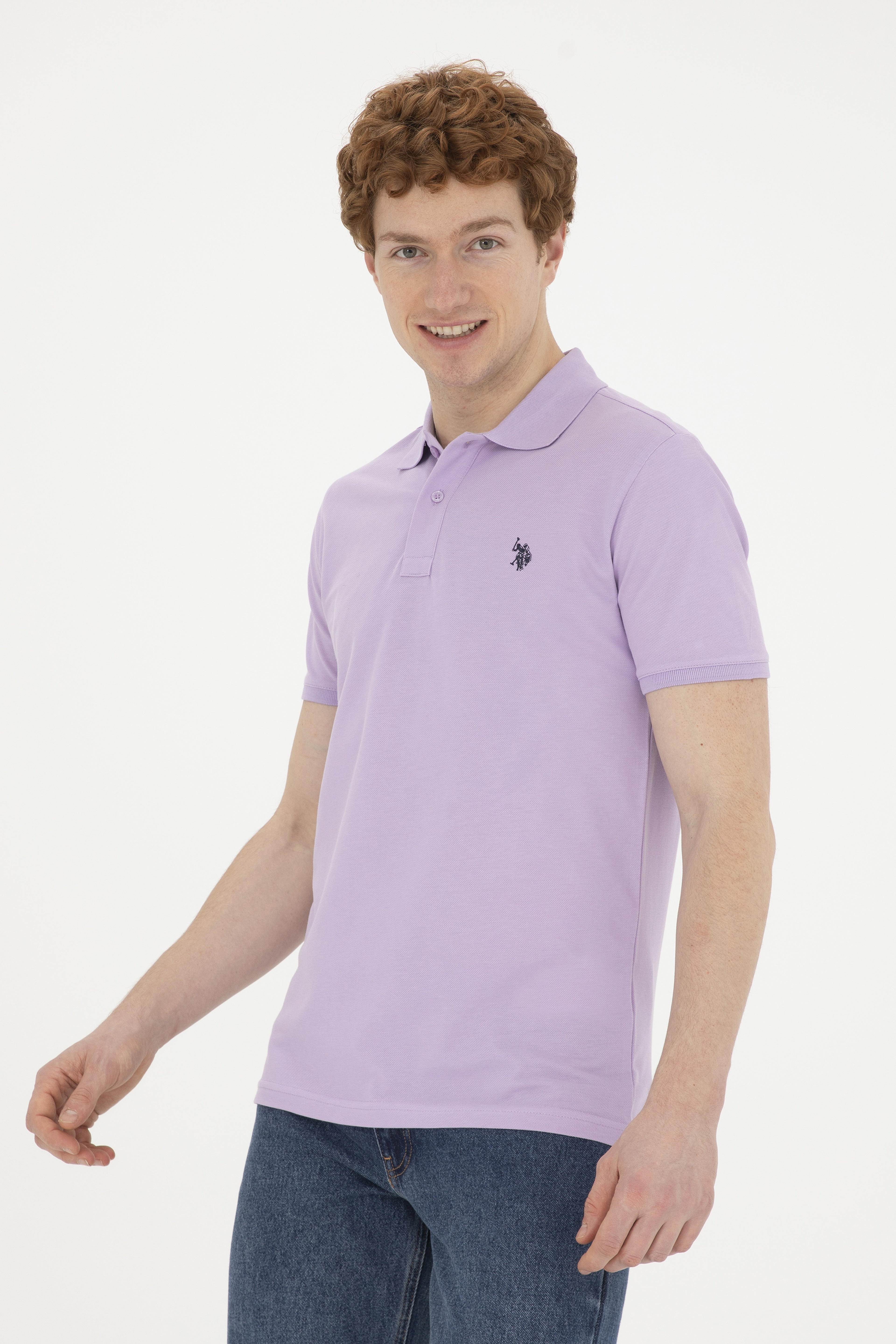 Erkek Slim Fit Polo Yaka Lila Basic Tişört - Image 1