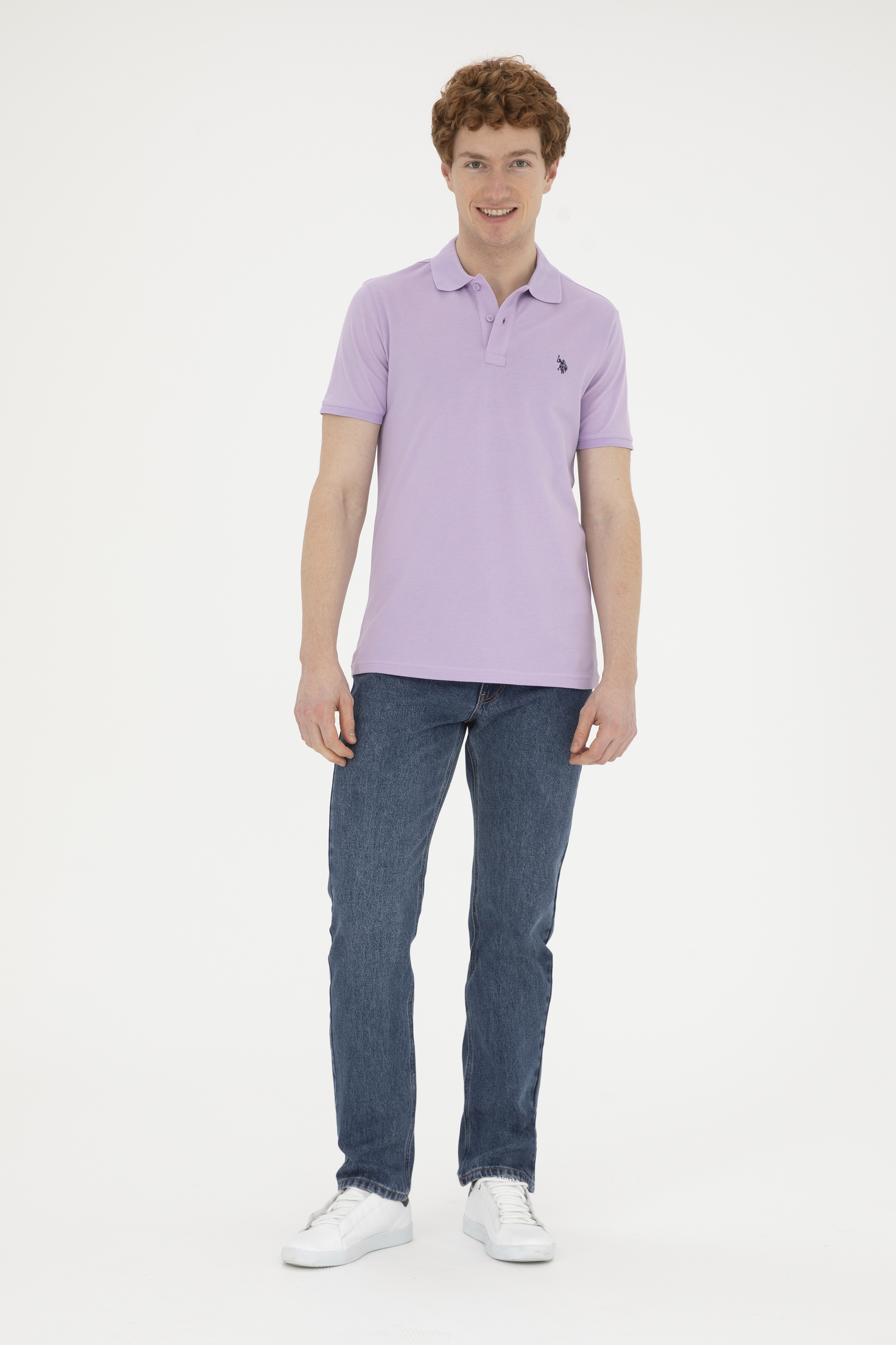 Erkek Slim Fit Polo Yaka Lila Basic Tişört