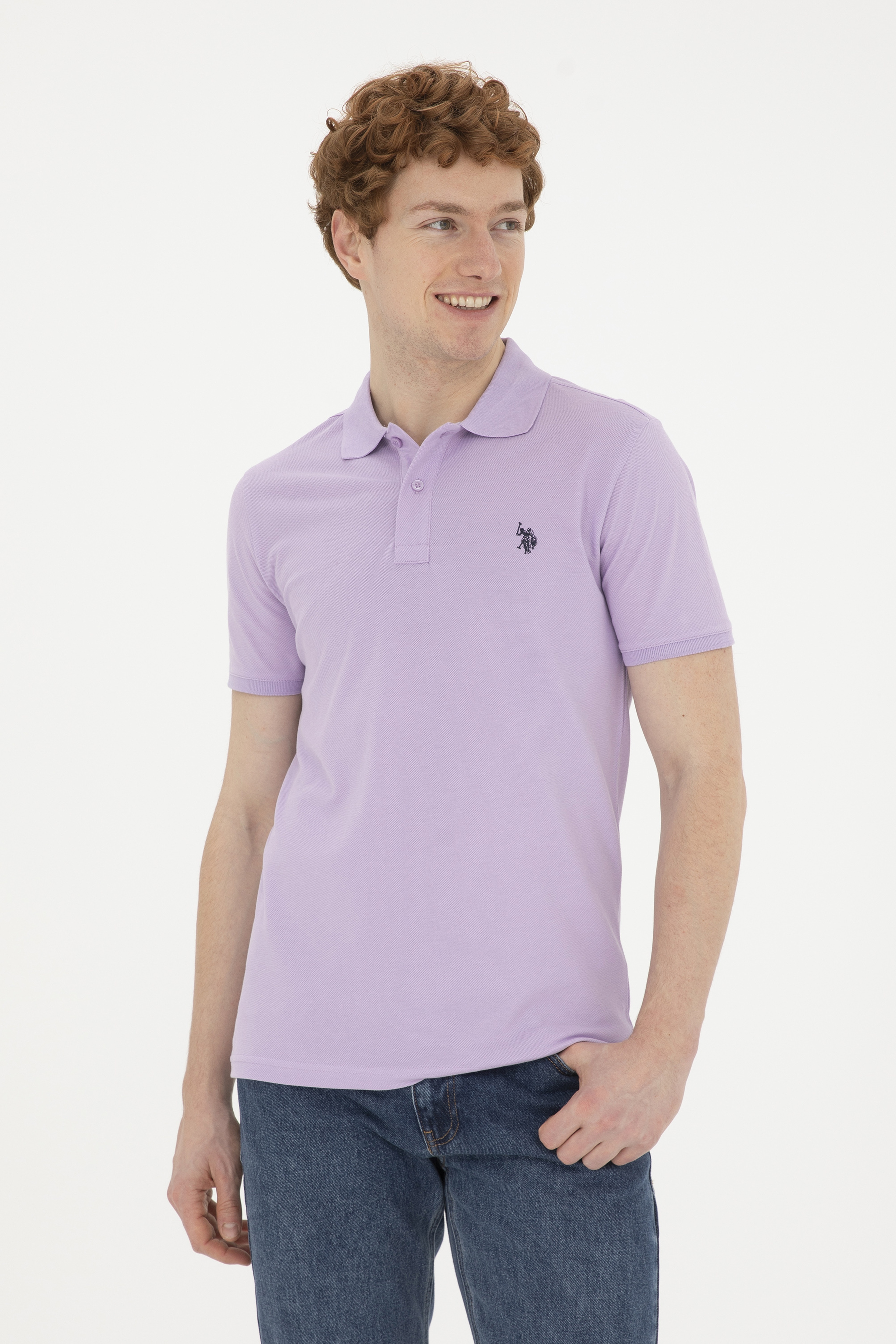 Erkek Slim Fit Polo Yaka Lila Basic Tişört