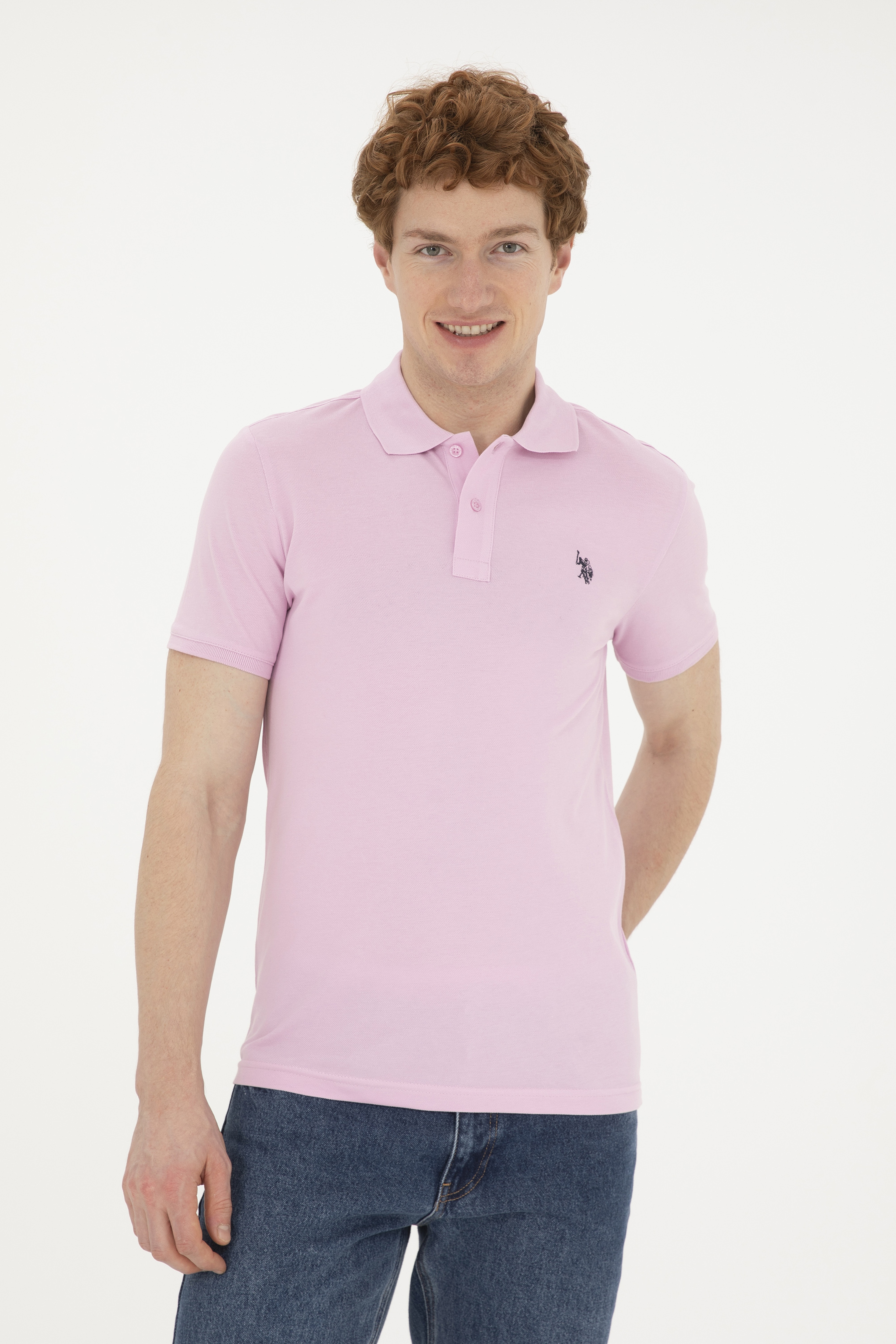 Erkek Slim Fit Polo Yaka Pembe Basic Tişört - Image 1