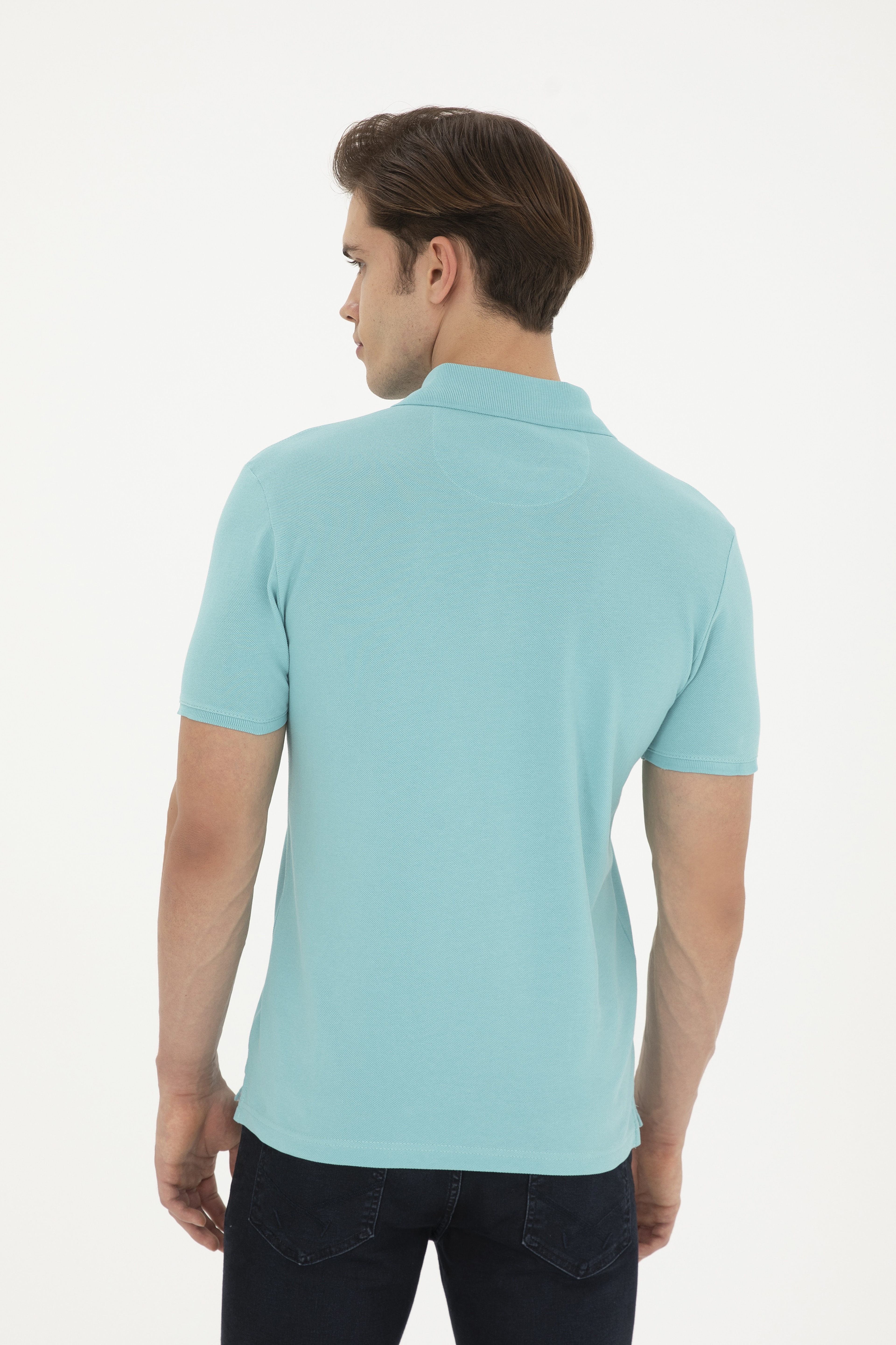 Erkek Slim Fit Polo Yaka Mint Basic Tişört - Image 5