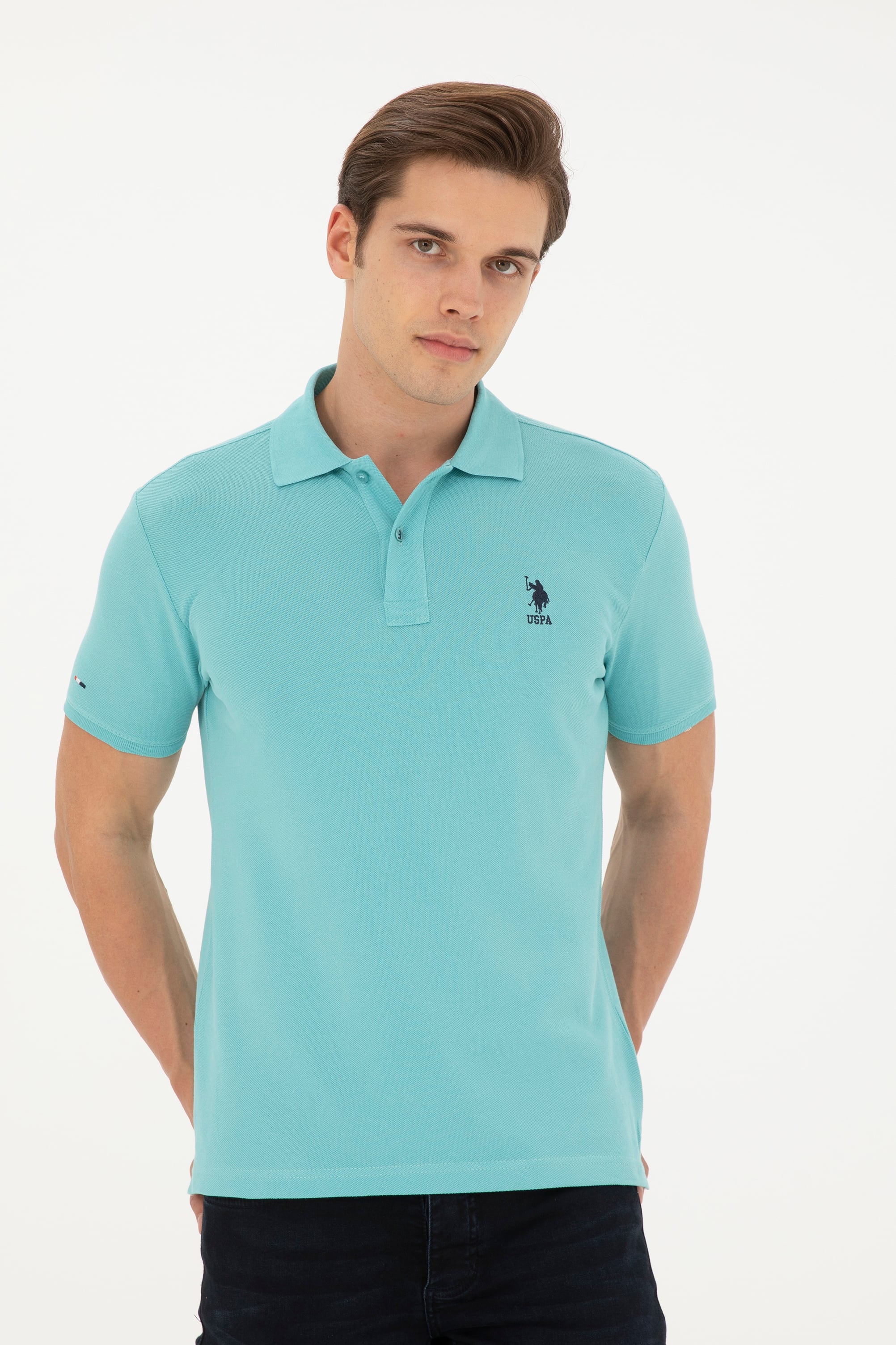 Erkek Slim Fit Polo Yaka Mint Basic Tişört - Image 1