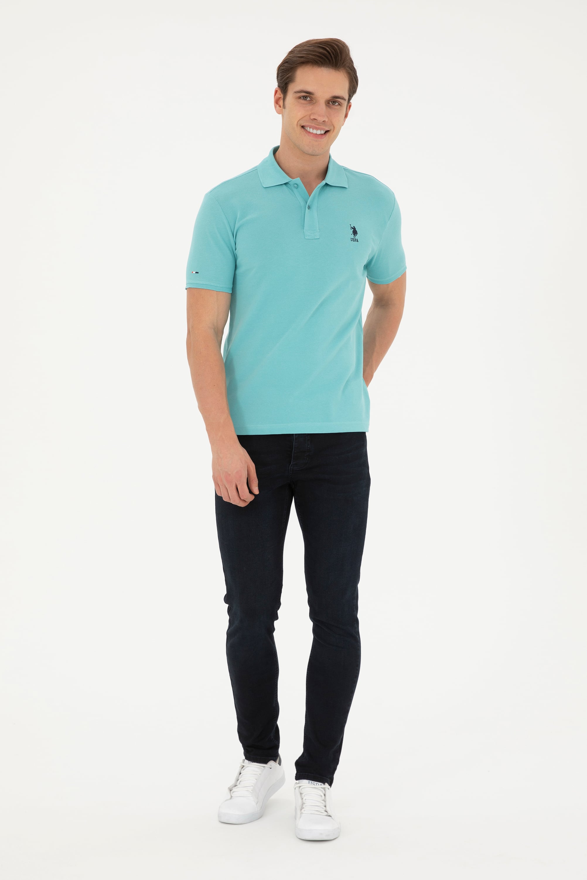 Erkek Slim Fit Polo Yaka Mint Basic Tişört - Image 4