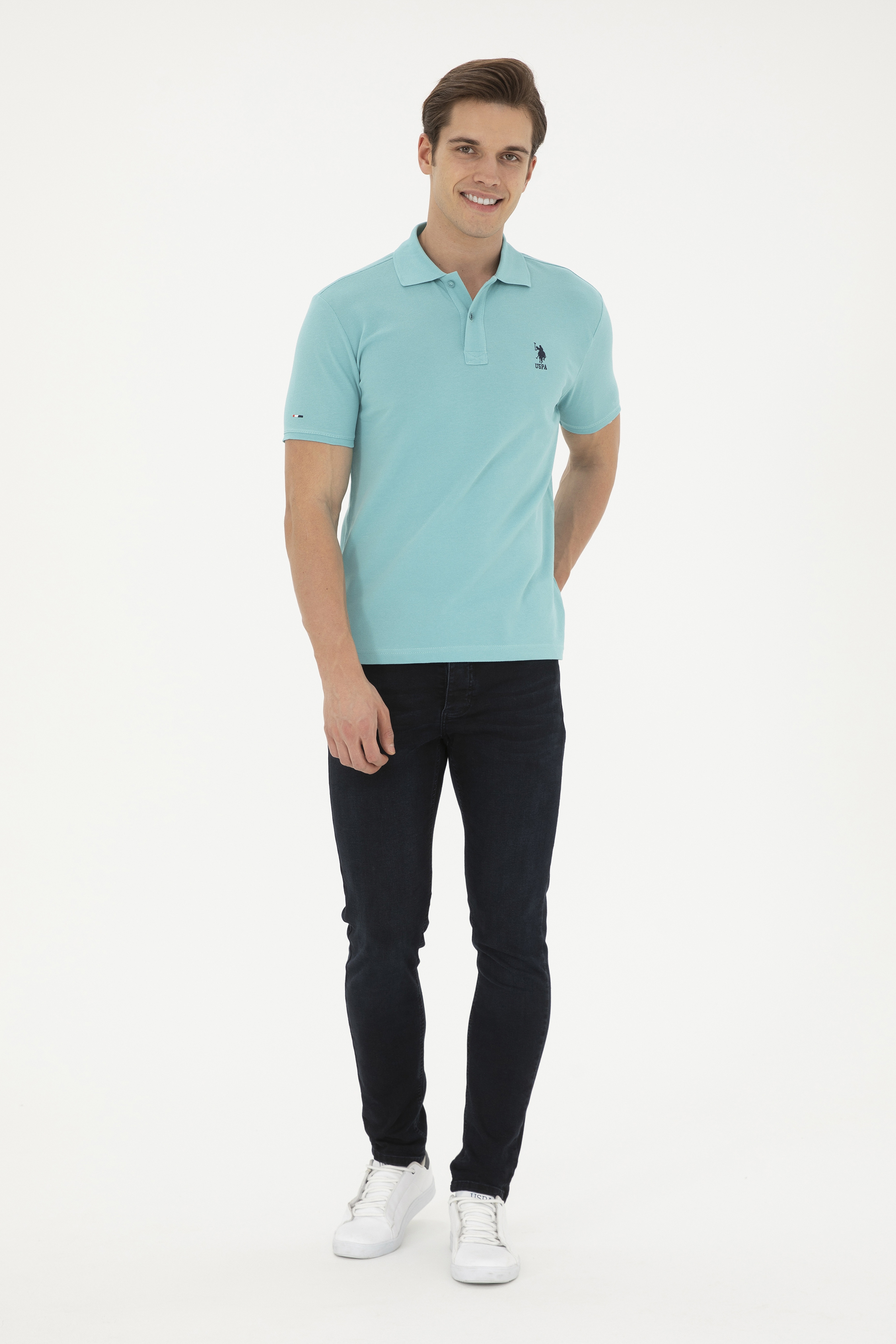 Erkek Slim Fit Polo Yaka Mint Basic Tişört