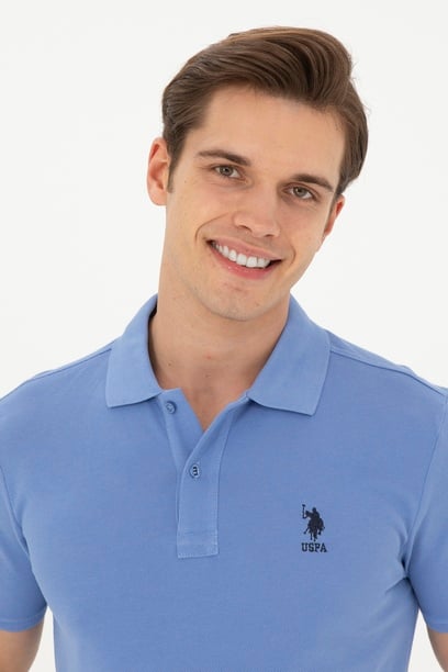 Erkek Slim Fit Polo Yaka Koyu Mavi Basic Tişört