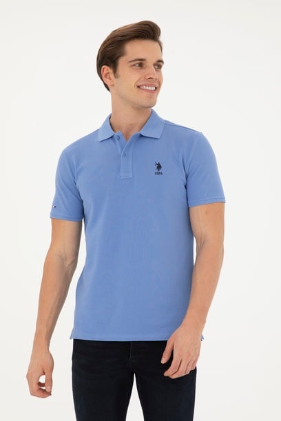 Erkek Slim Fit Polo Yaka Koyu Mavi Basic Tişört