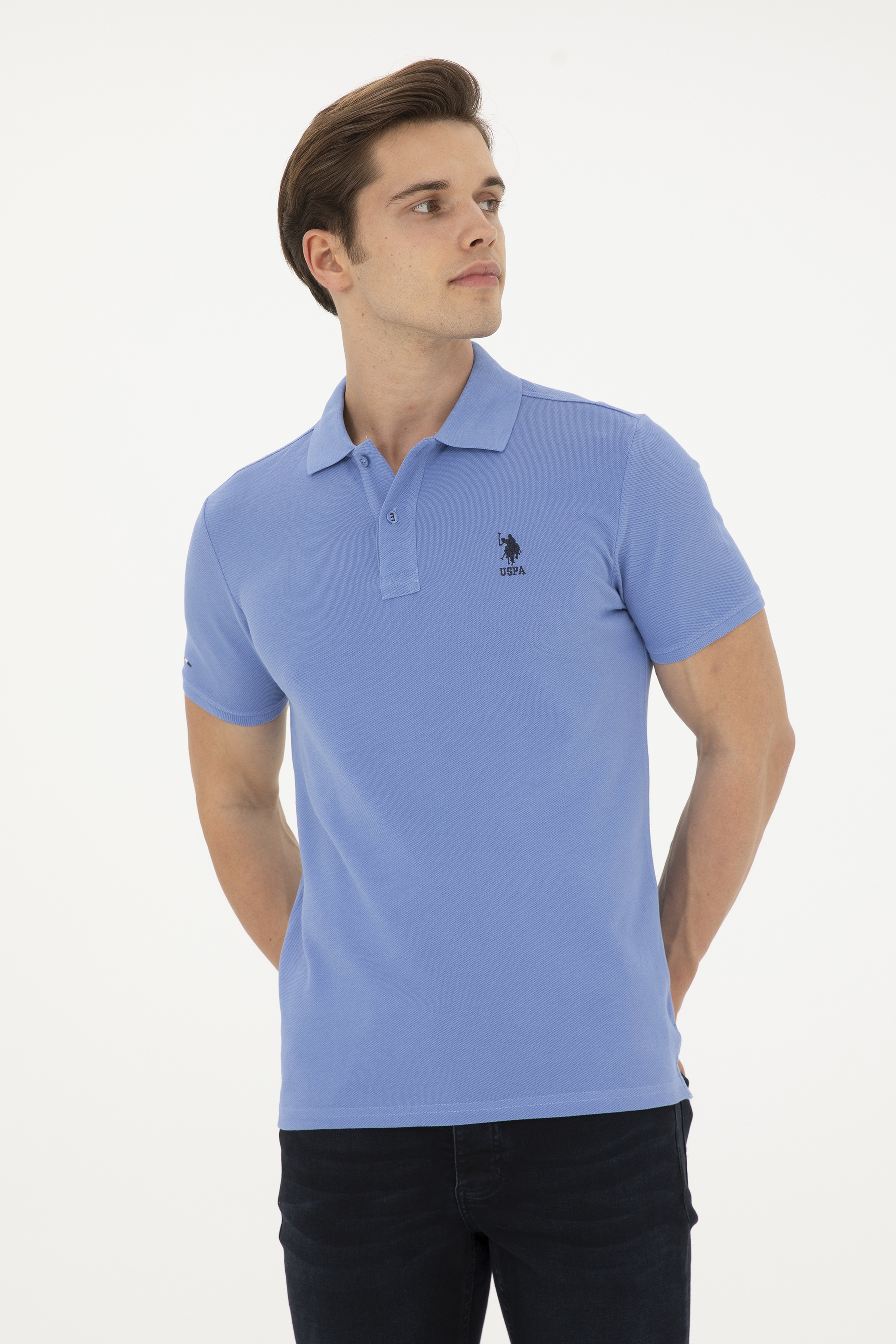 Erkek Slim Fit Polo Yaka Koyu Mavi Basic Tişört - Image 3