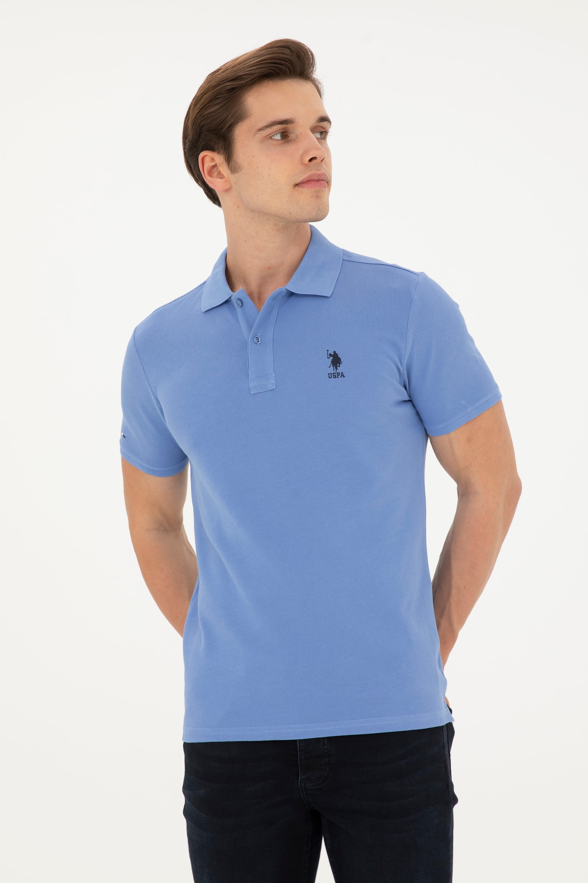 Erkek Slim Fit Polo Yaka Koyu Mavi Basic Tişört