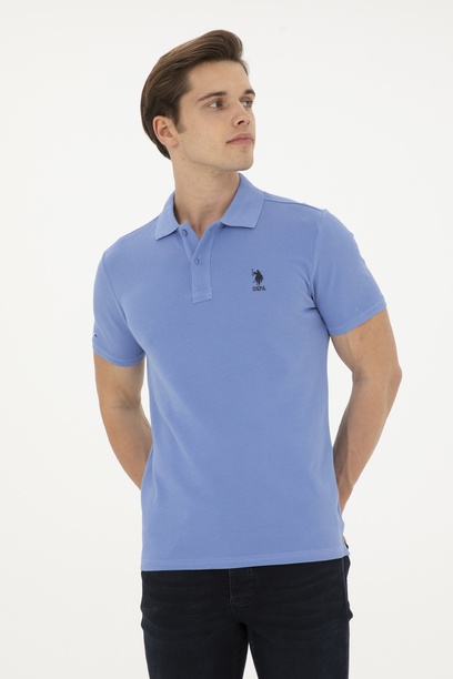Erkek Slim Fit Polo Yaka Koyu Mavi Basic Tişört