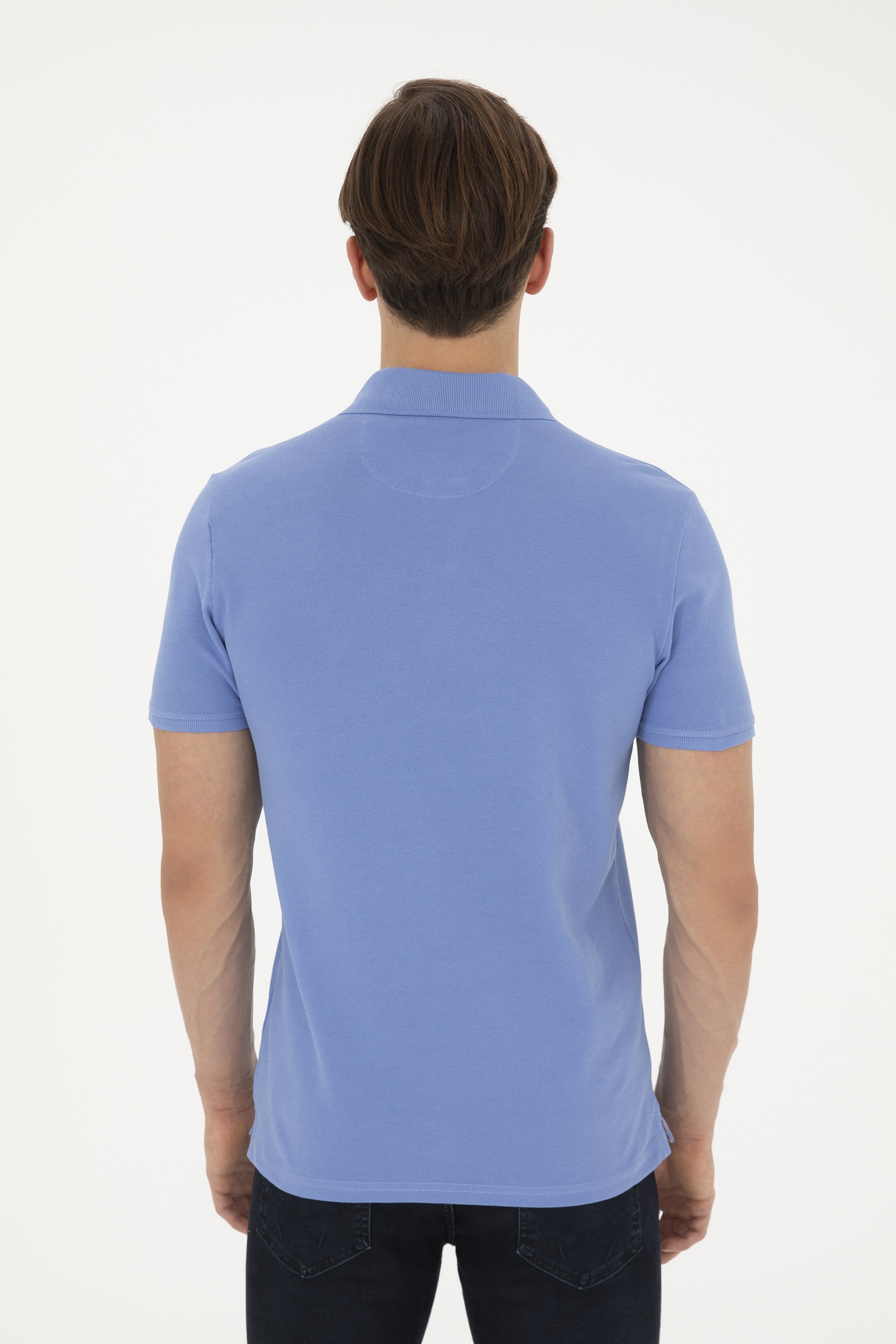 Erkek Slim Fit Polo Yaka Koyu Mavi Basic Tişört - Image 5