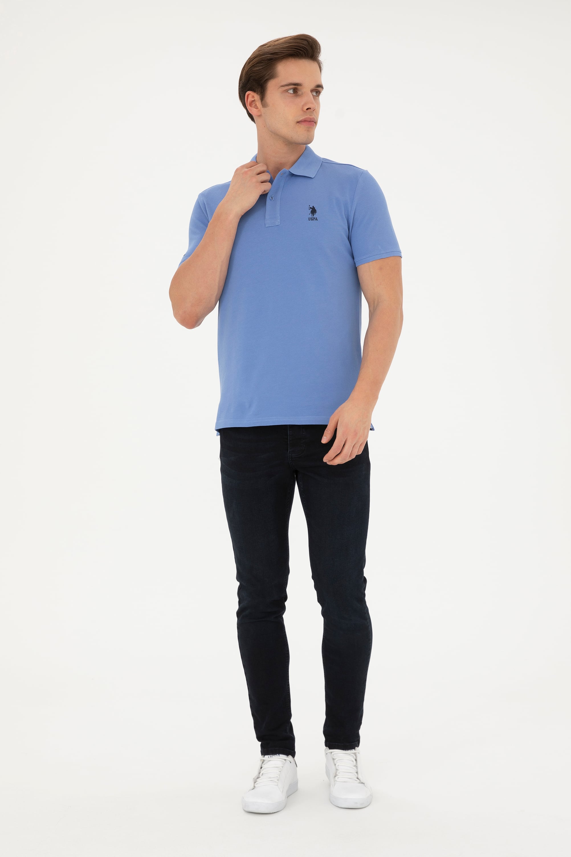 Erkek Slim Fit Polo Yaka Koyu Mavi Basic Tişört