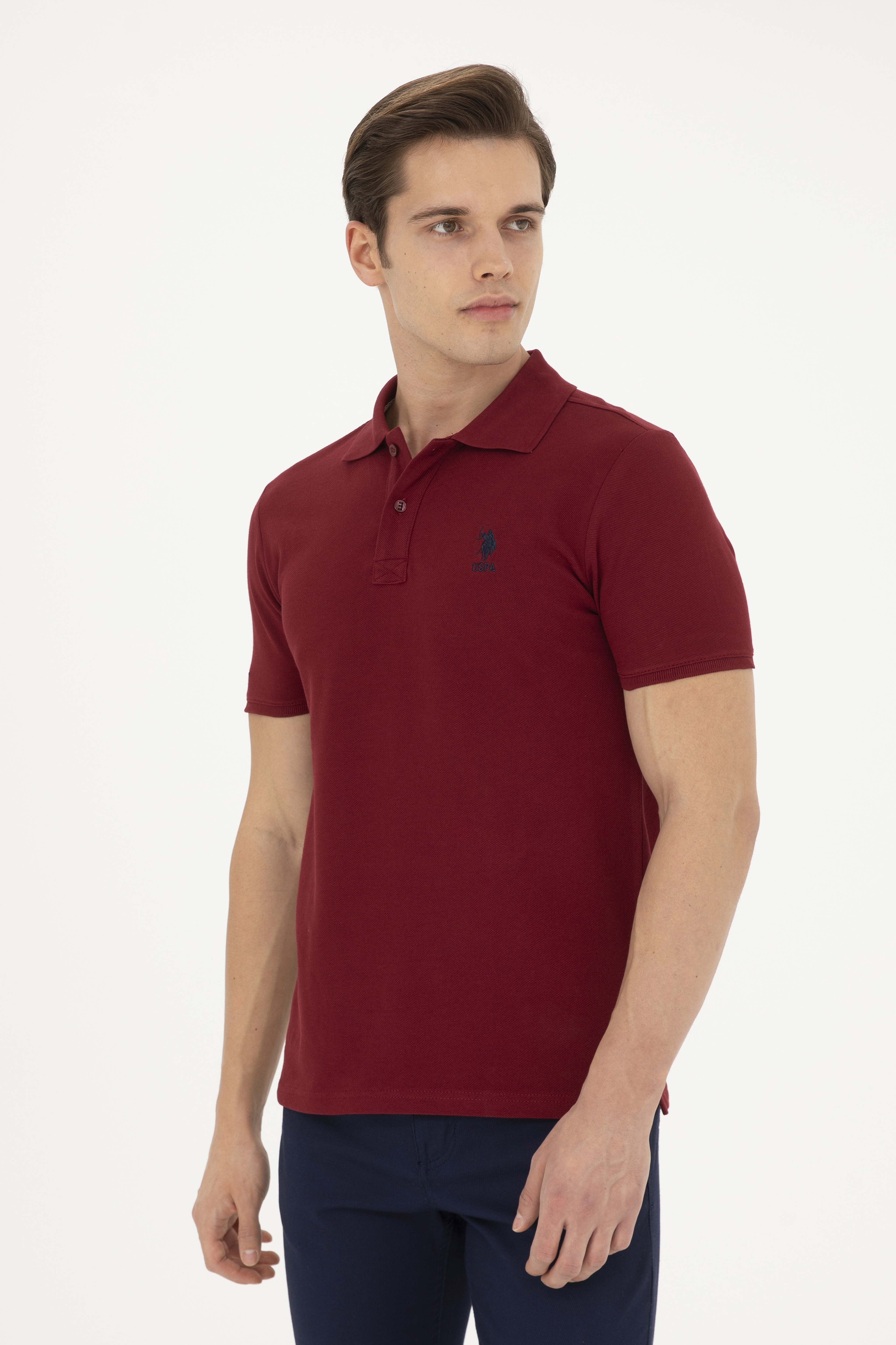 Erkek Slim Fit Polo Yaka Bordo Basic Tişört - Image 1