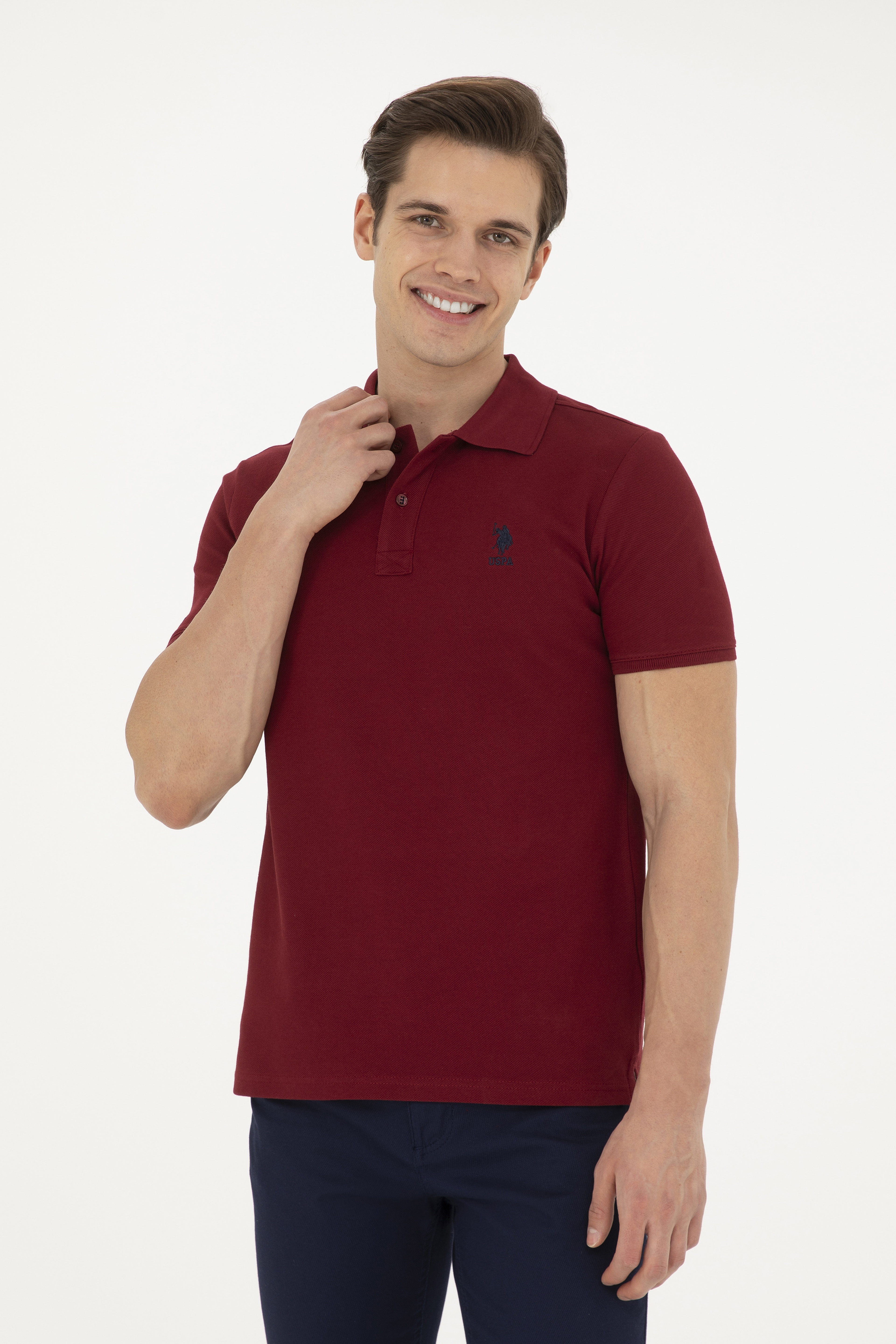 Erkek Slim Fit Polo Yaka Bordo Basic Tişört - Image 3