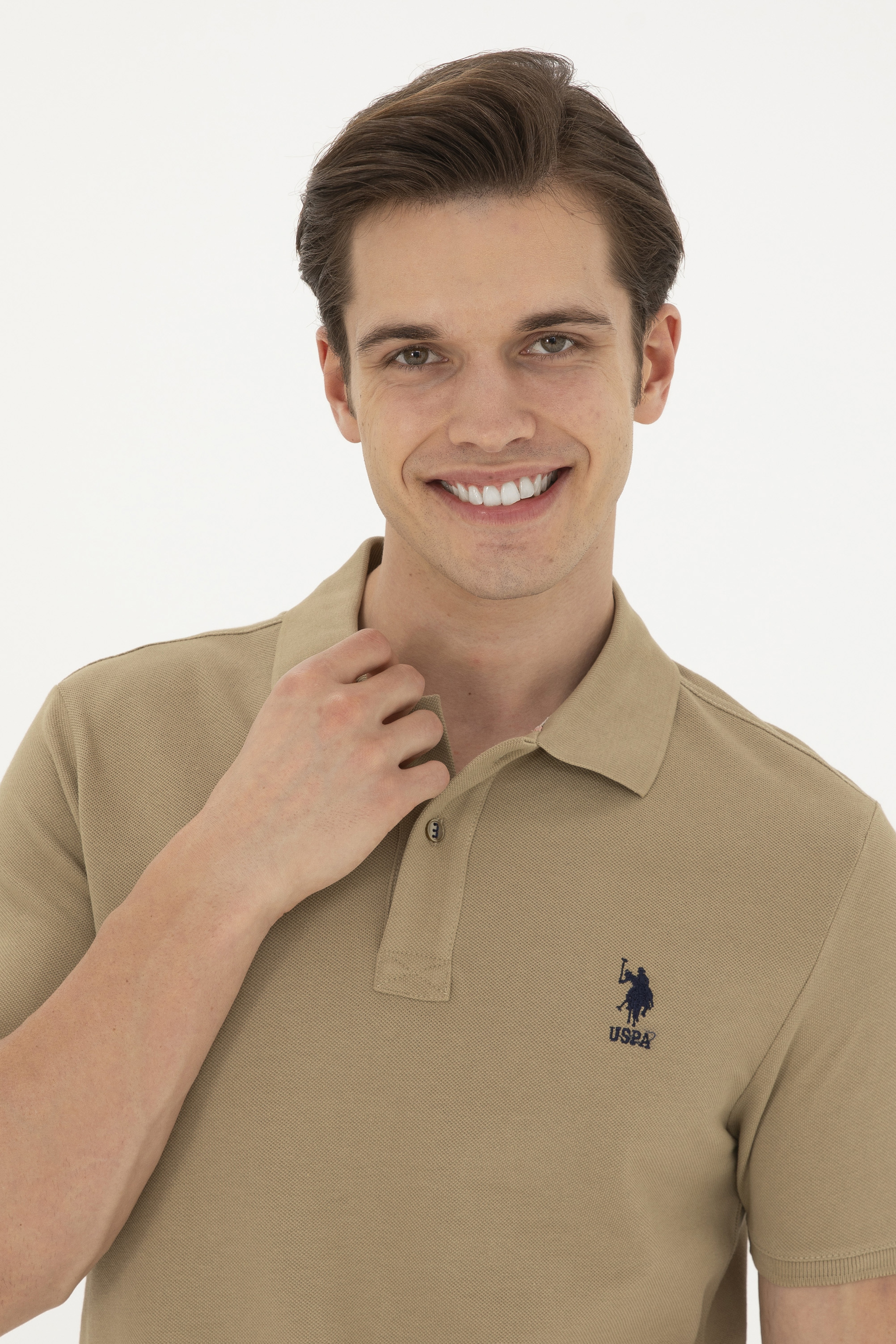 Erkek Slim Fit Polo Yaka Haki Basic Tişört - Image 2