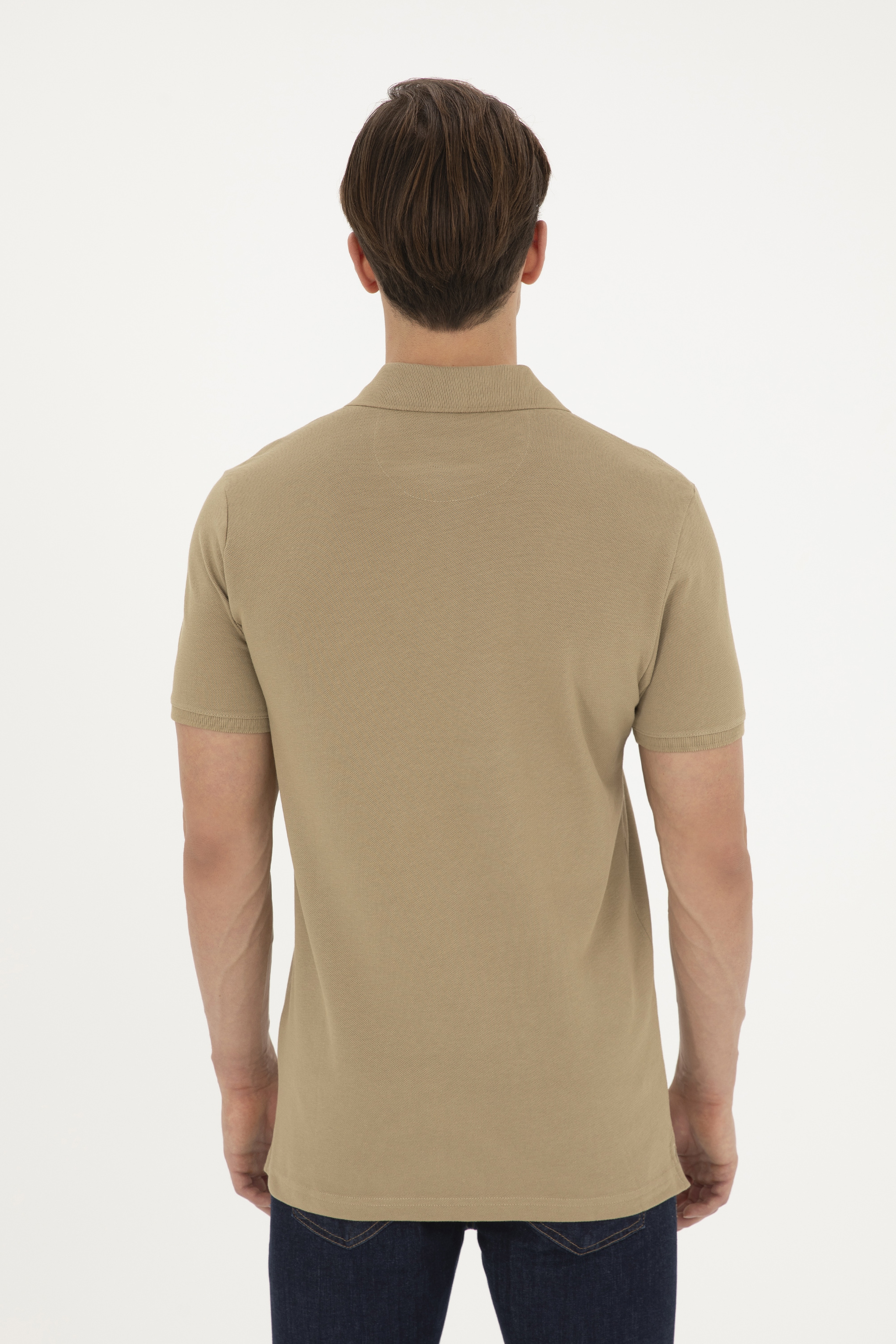 Erkek Slim Fit Polo Yaka Haki Basic Tişört - Image 5