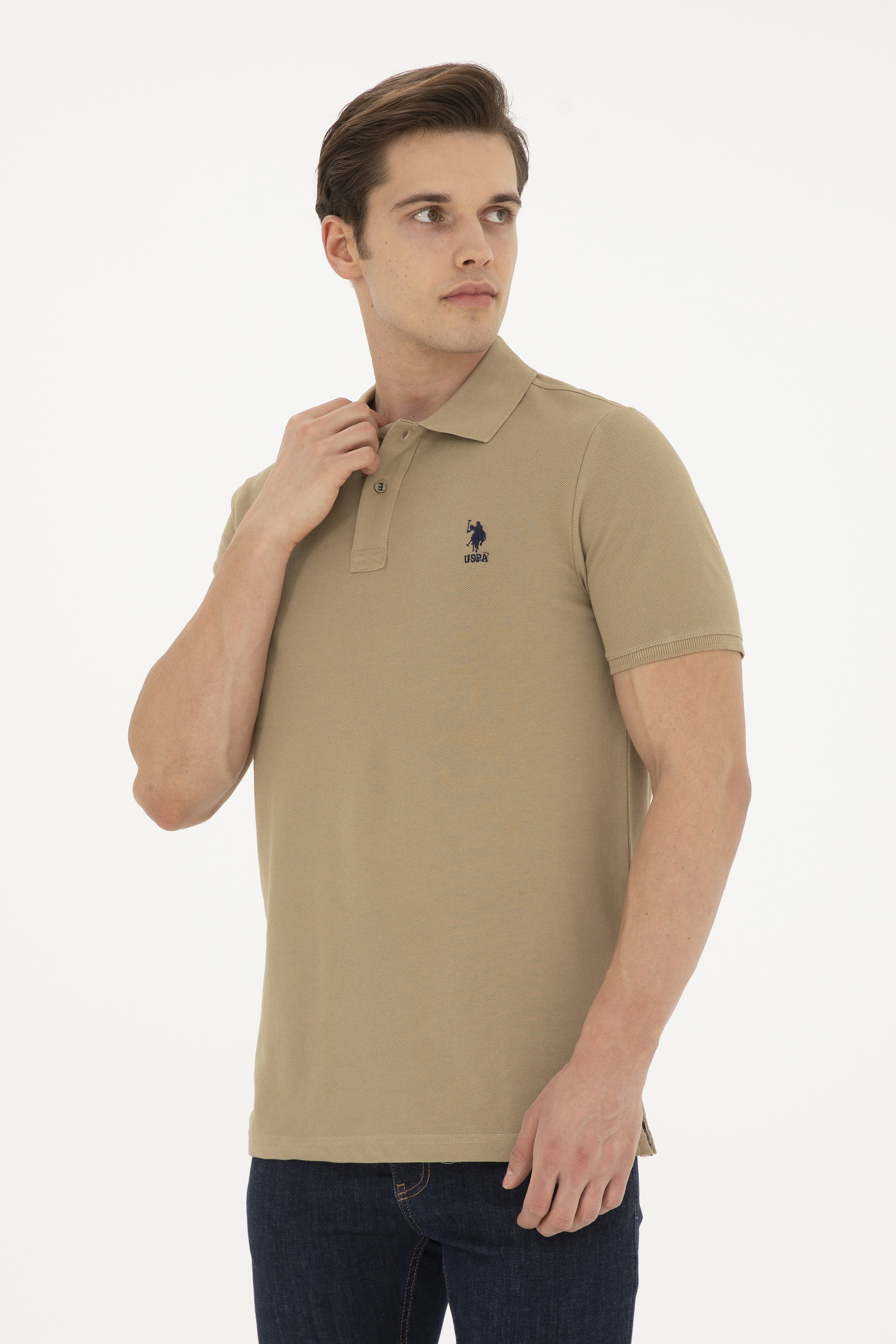 Erkek Slim Fit Polo Yaka Haki Basic Tişört - Image 3