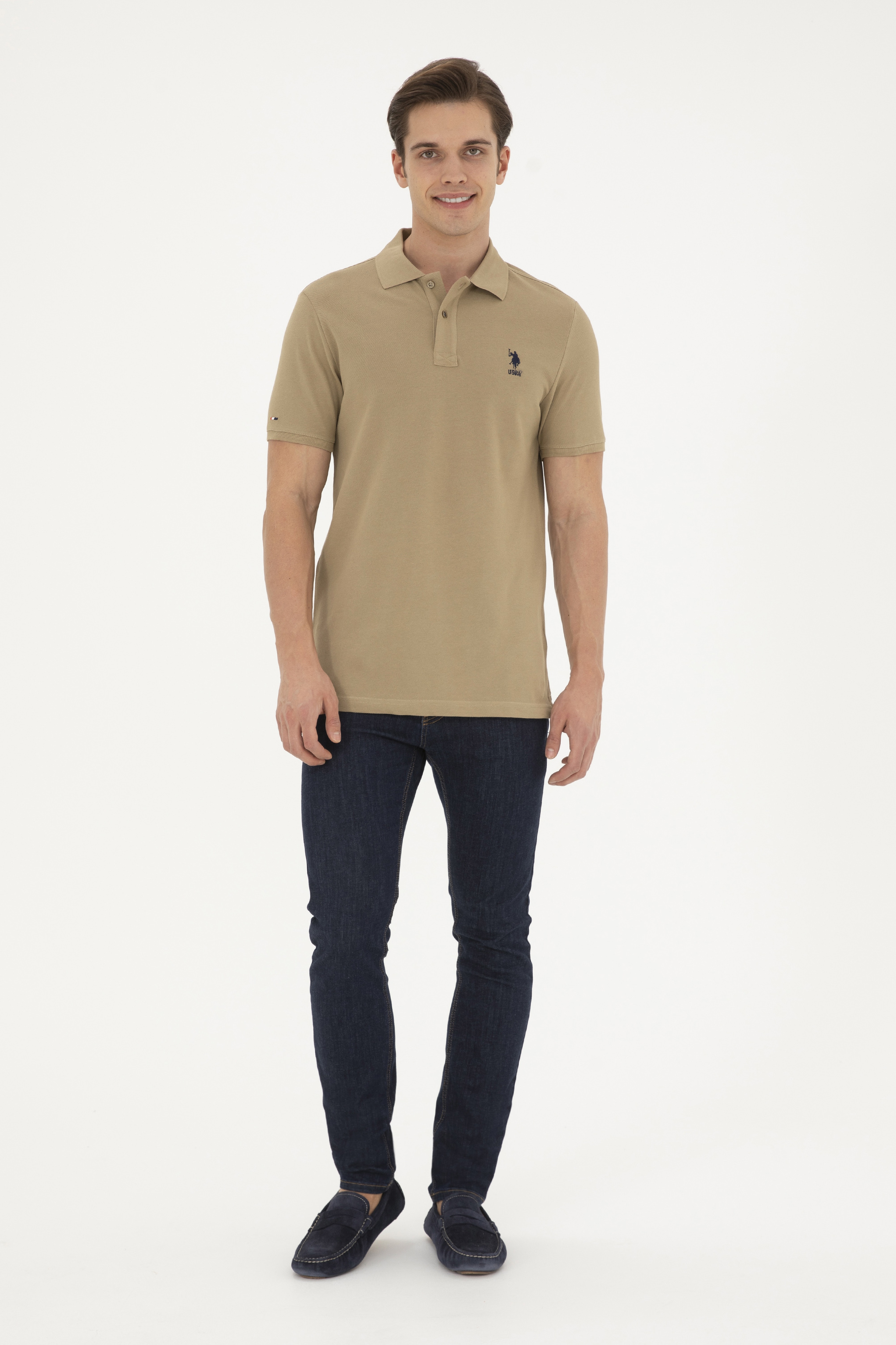 Erkek Slim Fit Polo Yaka Haki Basic Tişört - Image 4