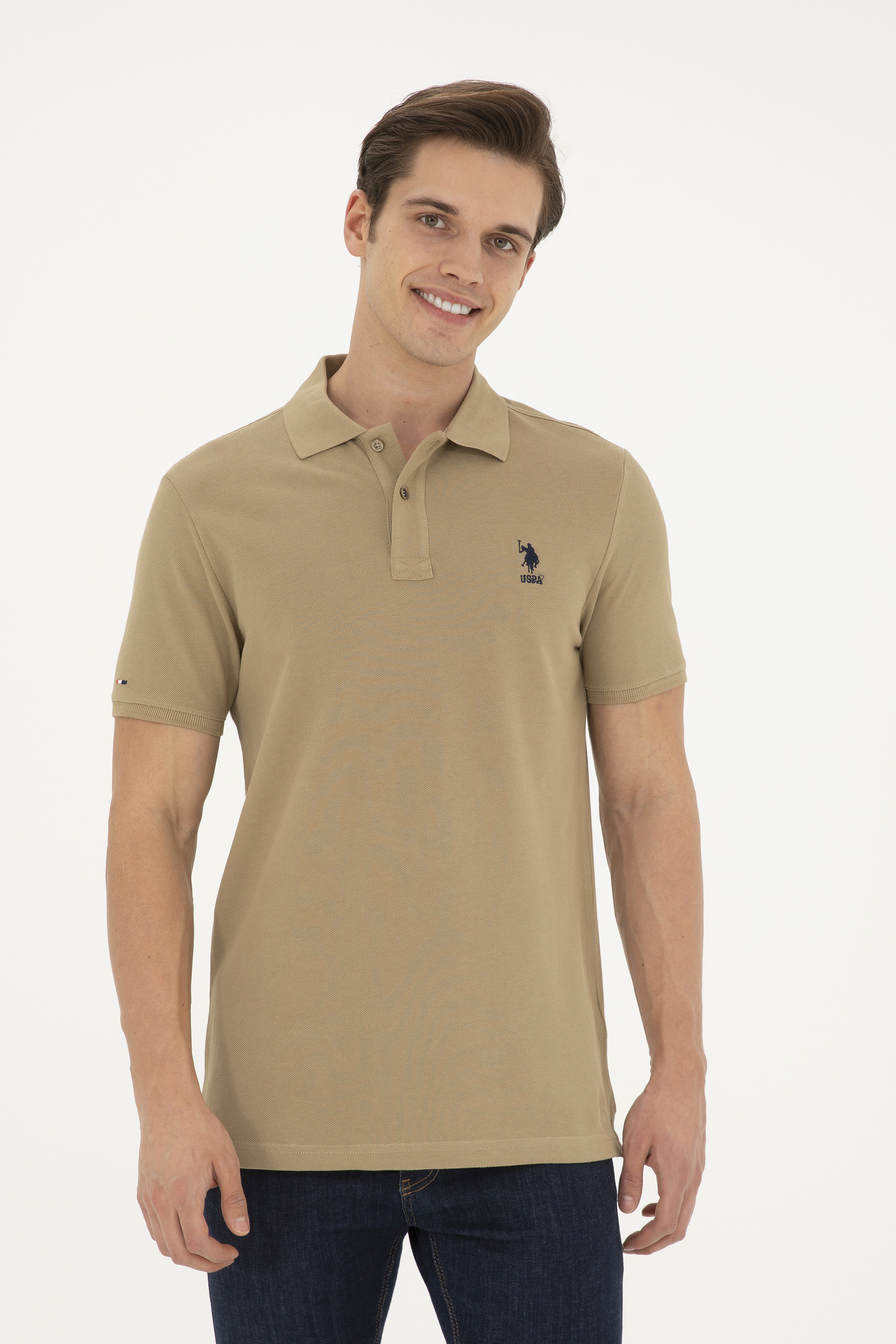 Erkek Slim Fit Polo Yaka Haki Basic Tişört - Image 1