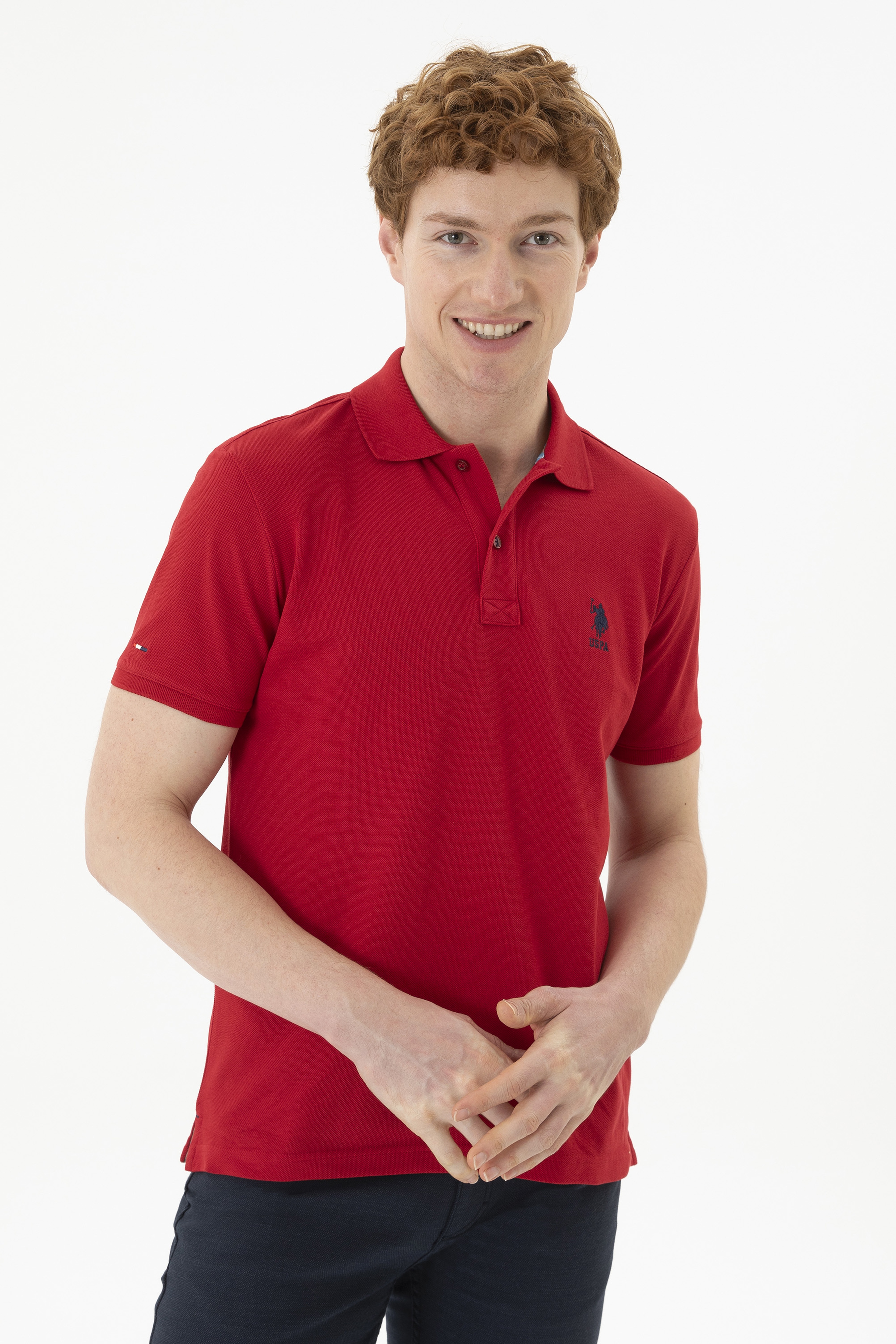 Erkek Slim Fit Polo Yaka Kırmızı Basic Tişört - Image 1