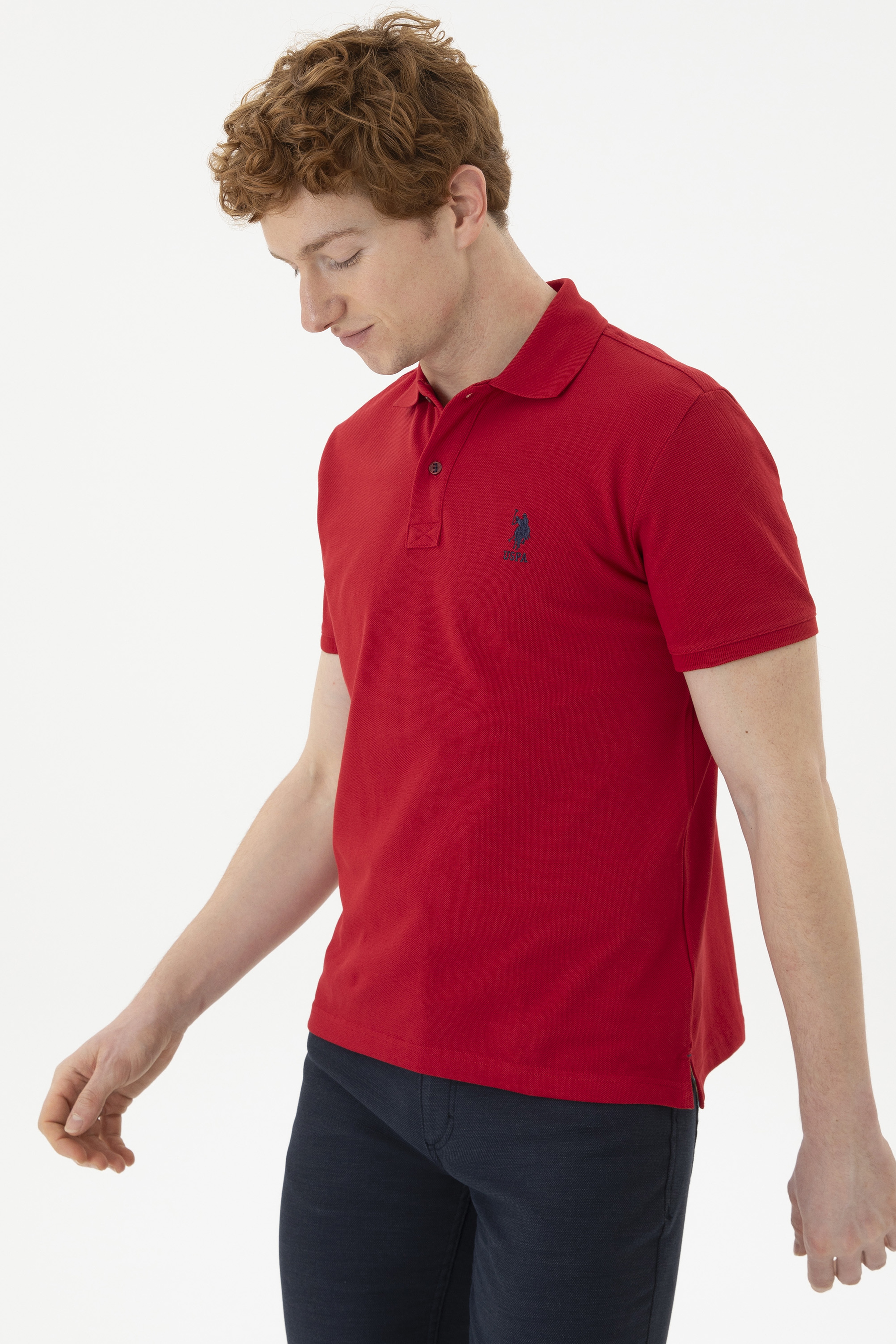 Erkek Slim Fit Polo Yaka Kırmızı Basic Tişört - Image 3