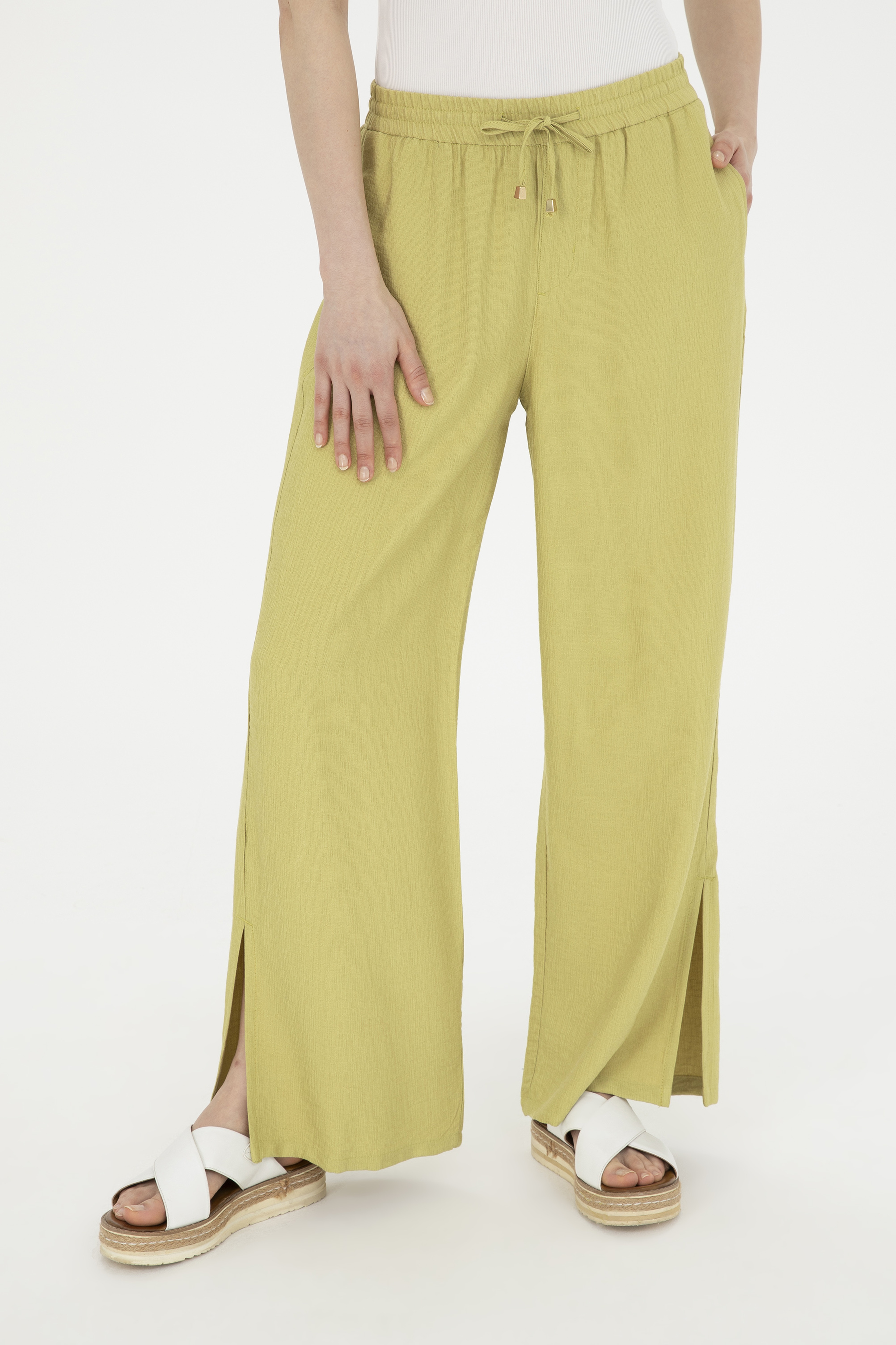 Kadın Fıstık Yeşili Loose Relax Fit Kanvas Pantolon - Image 2