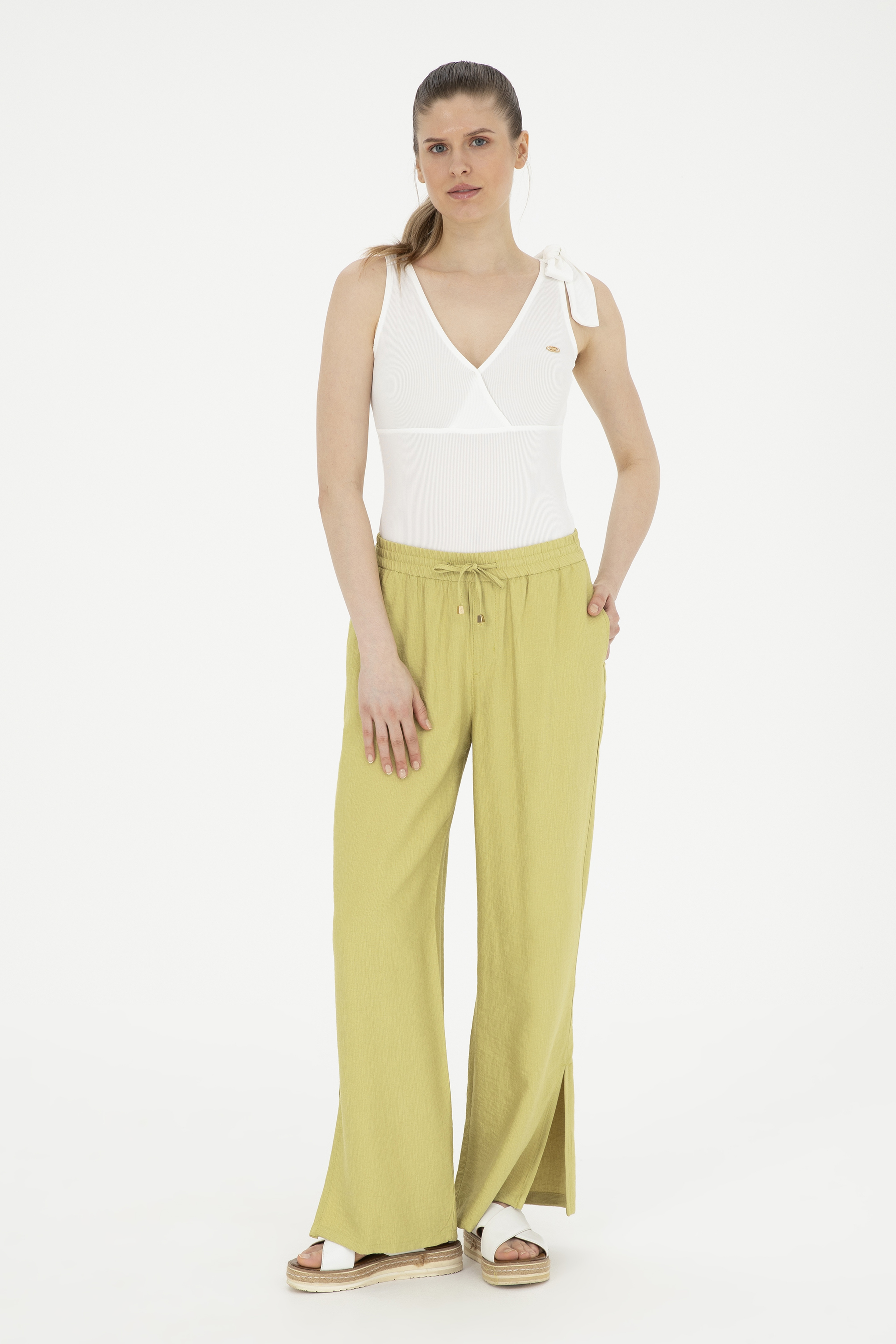 Kadın Fıstık Yeşili Loose Relax Fit Kanvas Pantolon - Image 1