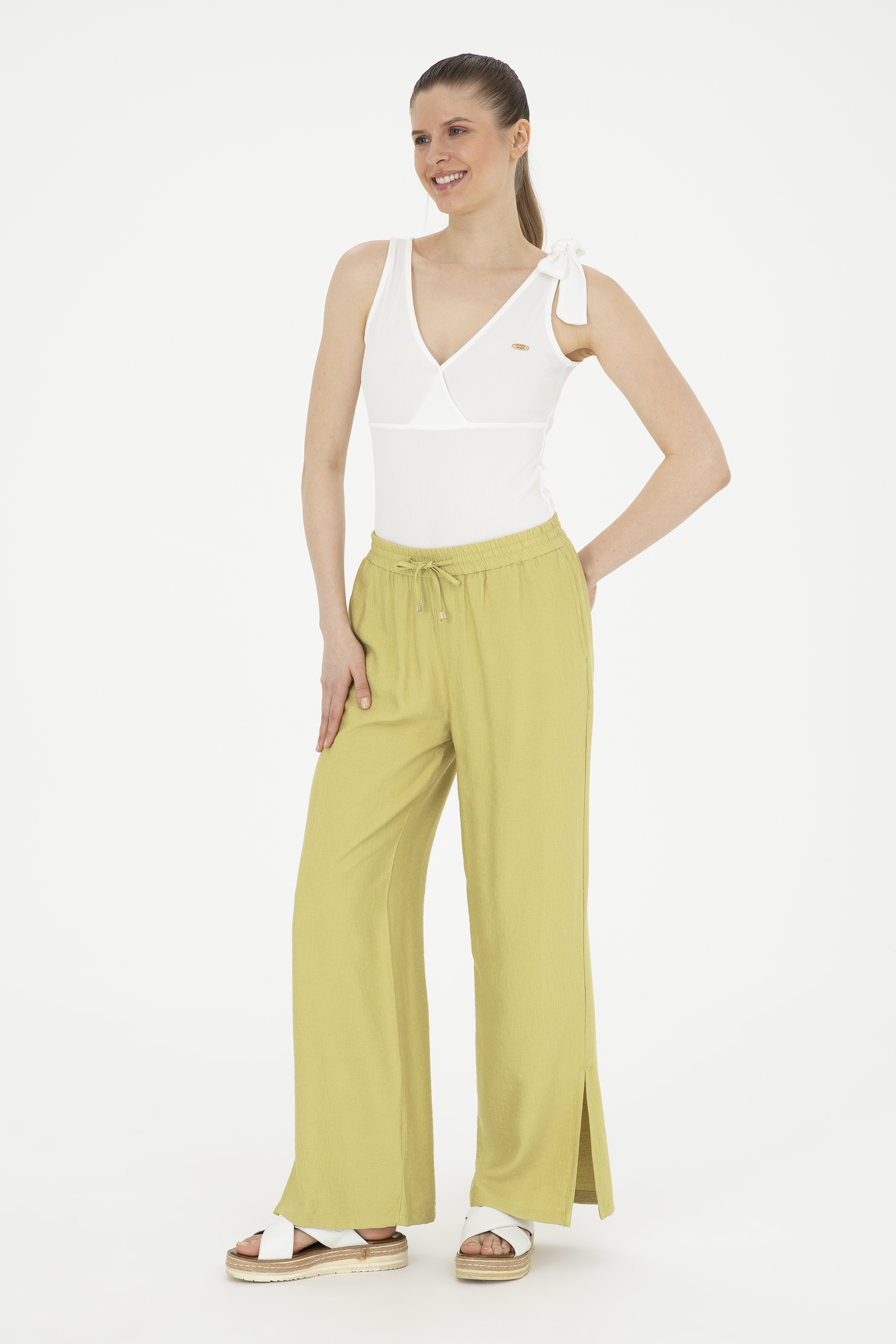 Kadın Fıstık Yeşili Loose Relax Fit Kanvas Pantolon - Image 3
