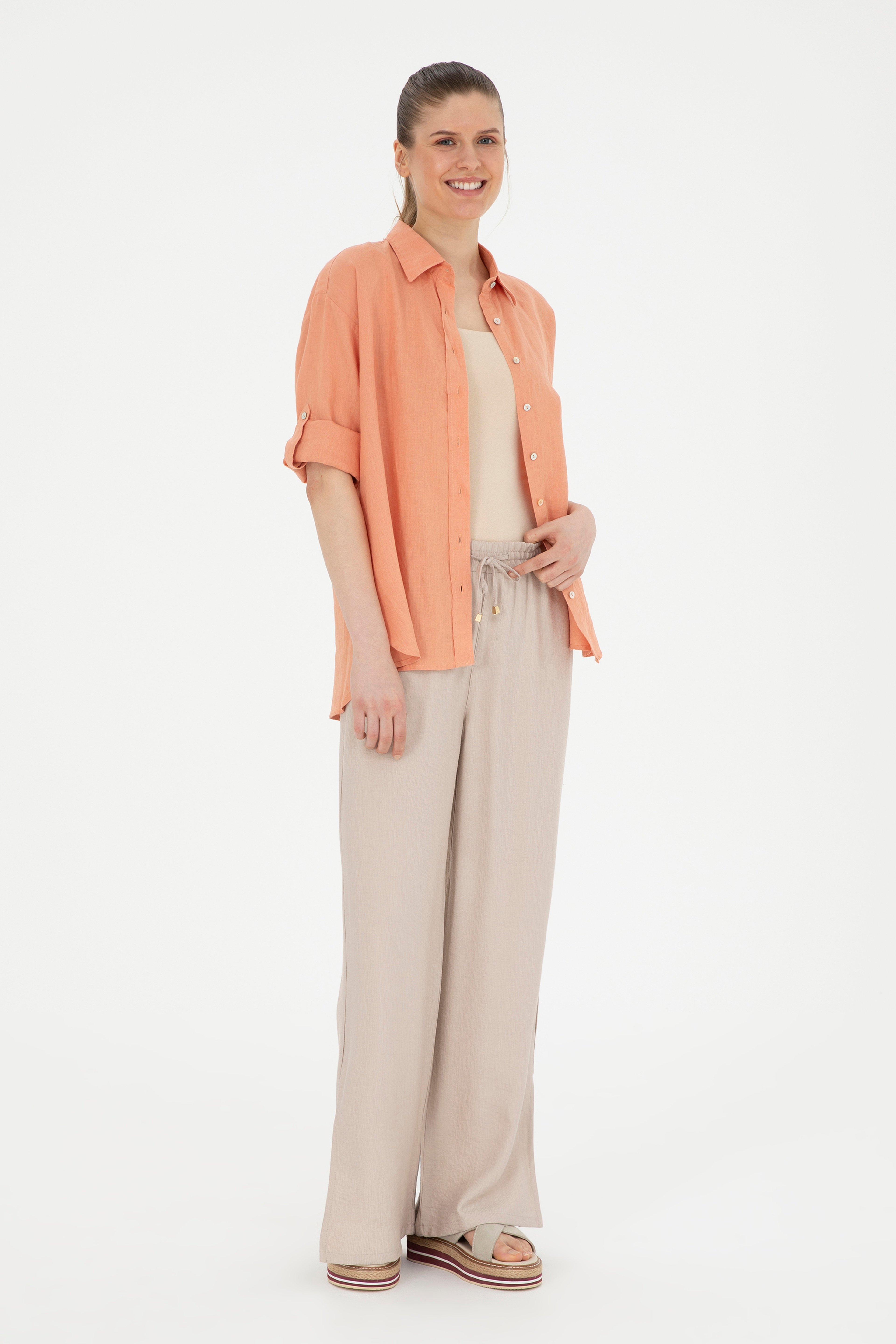 Kadın Taş Loose Relax Fit Kanvas Pantolon - Image 1