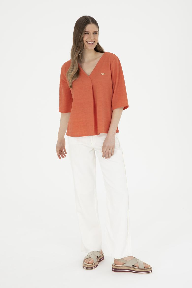Kadın Pudra V Yaka Tişört - 50282864012