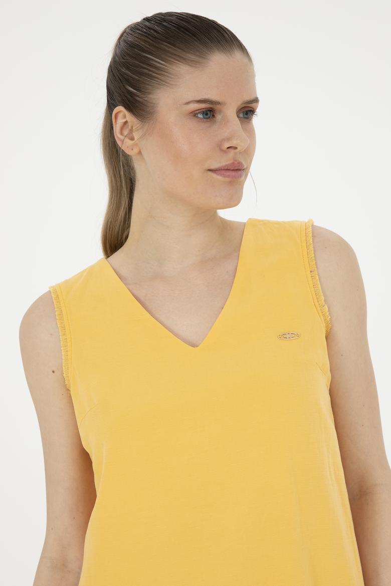 Kadın Safran V Yaka Dokuma Elbise - 50280580019