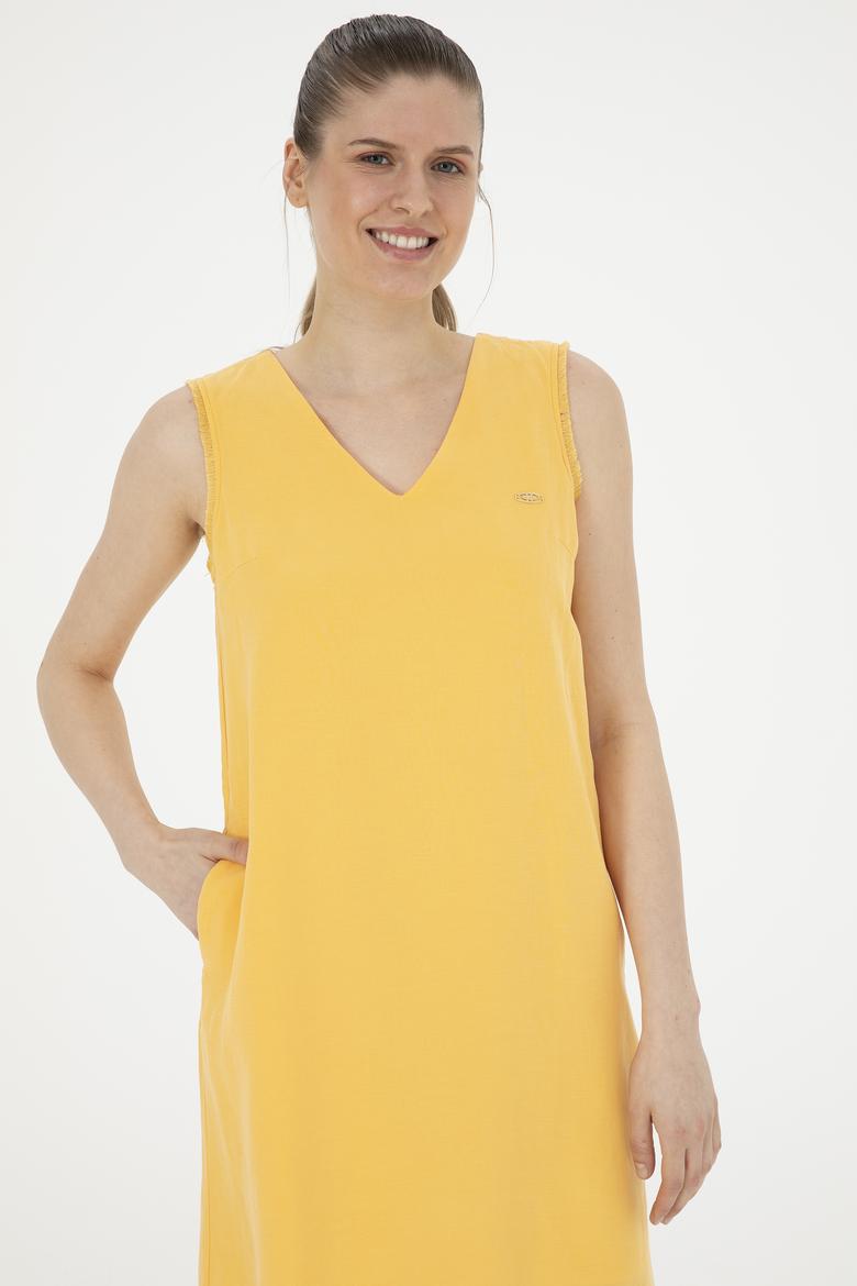 Kadın Safran V Yaka Dokuma Elbise - 50280580019