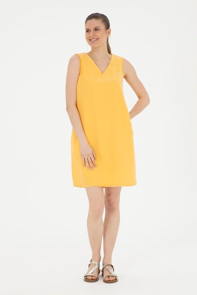 Kadın Safran V Yaka Dokuma Elbise