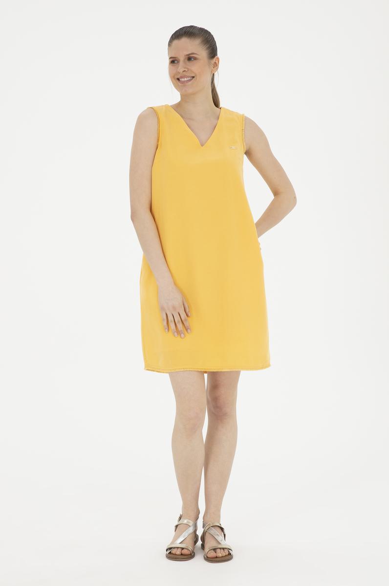 Kadın Safran V Yaka Dokuma Elbise