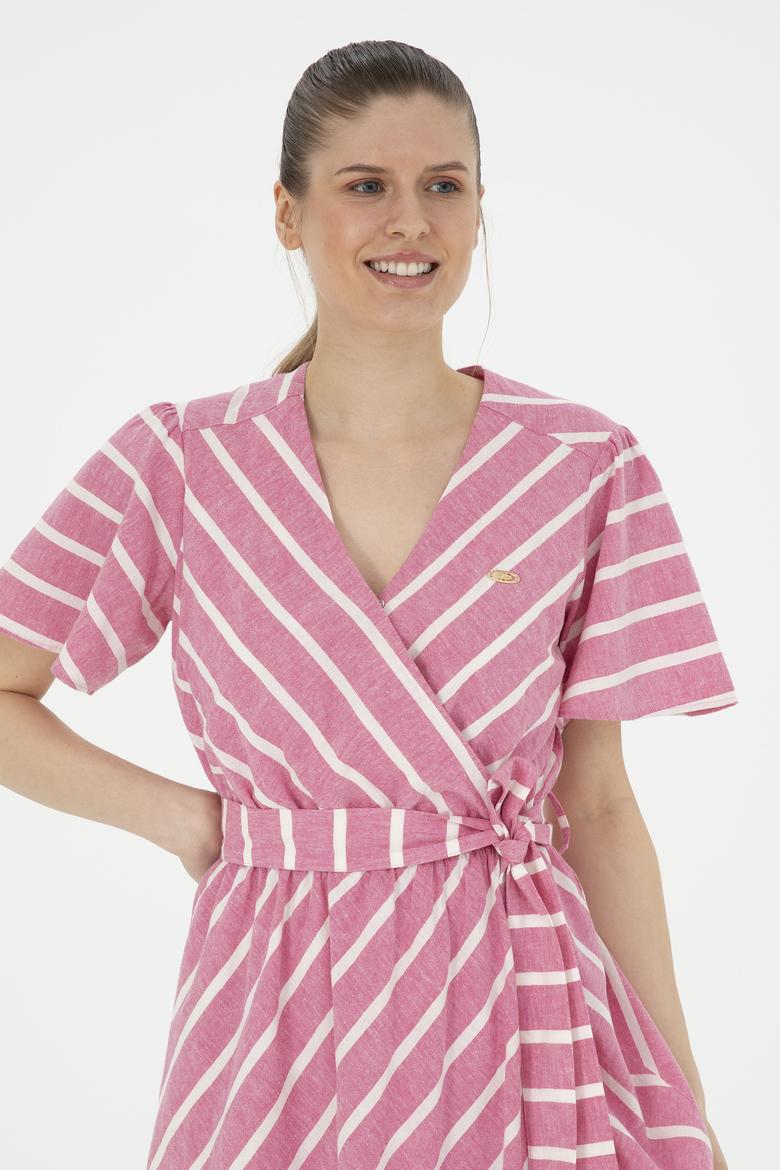 Kadın Pembe Çizgili Midi Boy Dokuma Elbise - 50280572018