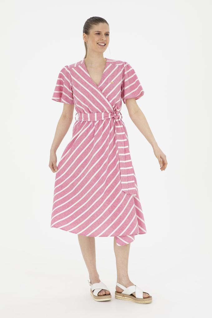 Kadın Pembe Çizgili Midi Boy Dokuma Elbise