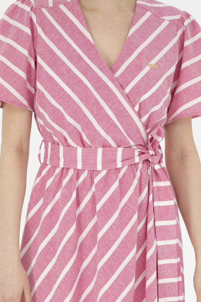 Kadın Pembe Çizgili Midi Boy Dokuma Elbise - 50280572018