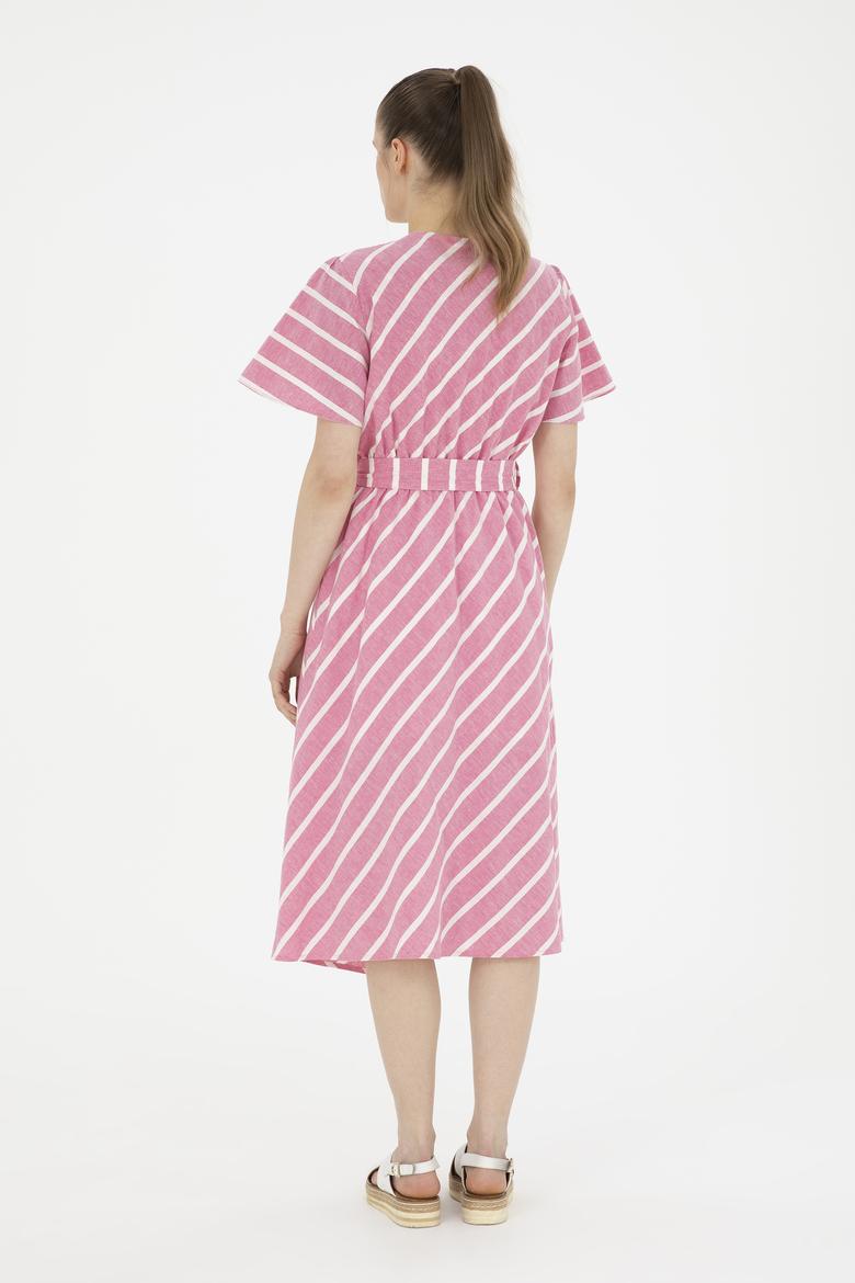 Kadın Pembe Çizgili Midi Boy Dokuma Elbise - 50280572018