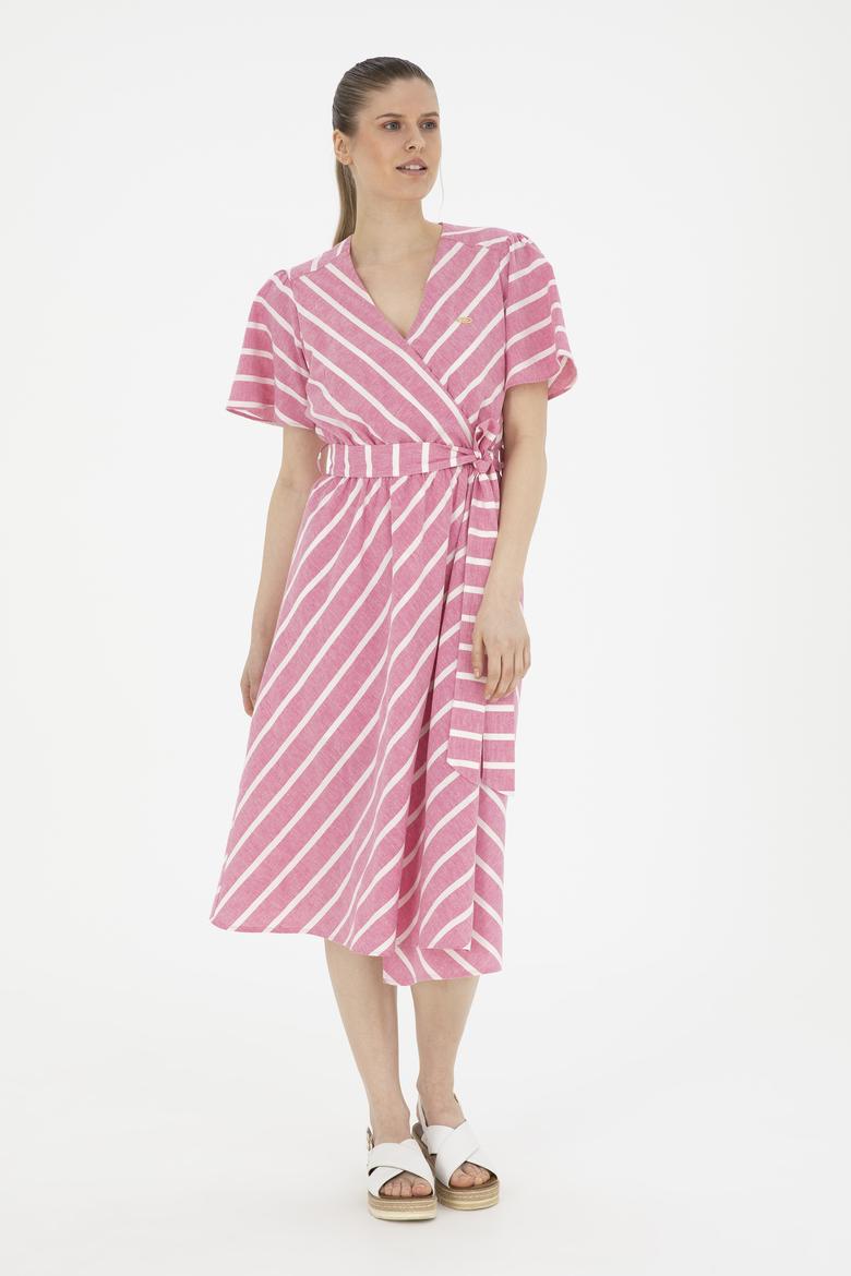 Kadın Pembe Çizgili Midi Boy Dokuma Elbise - 50280572018