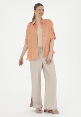 Kadın Somon Keten Uzun Kollu Gömlek - 50283640028